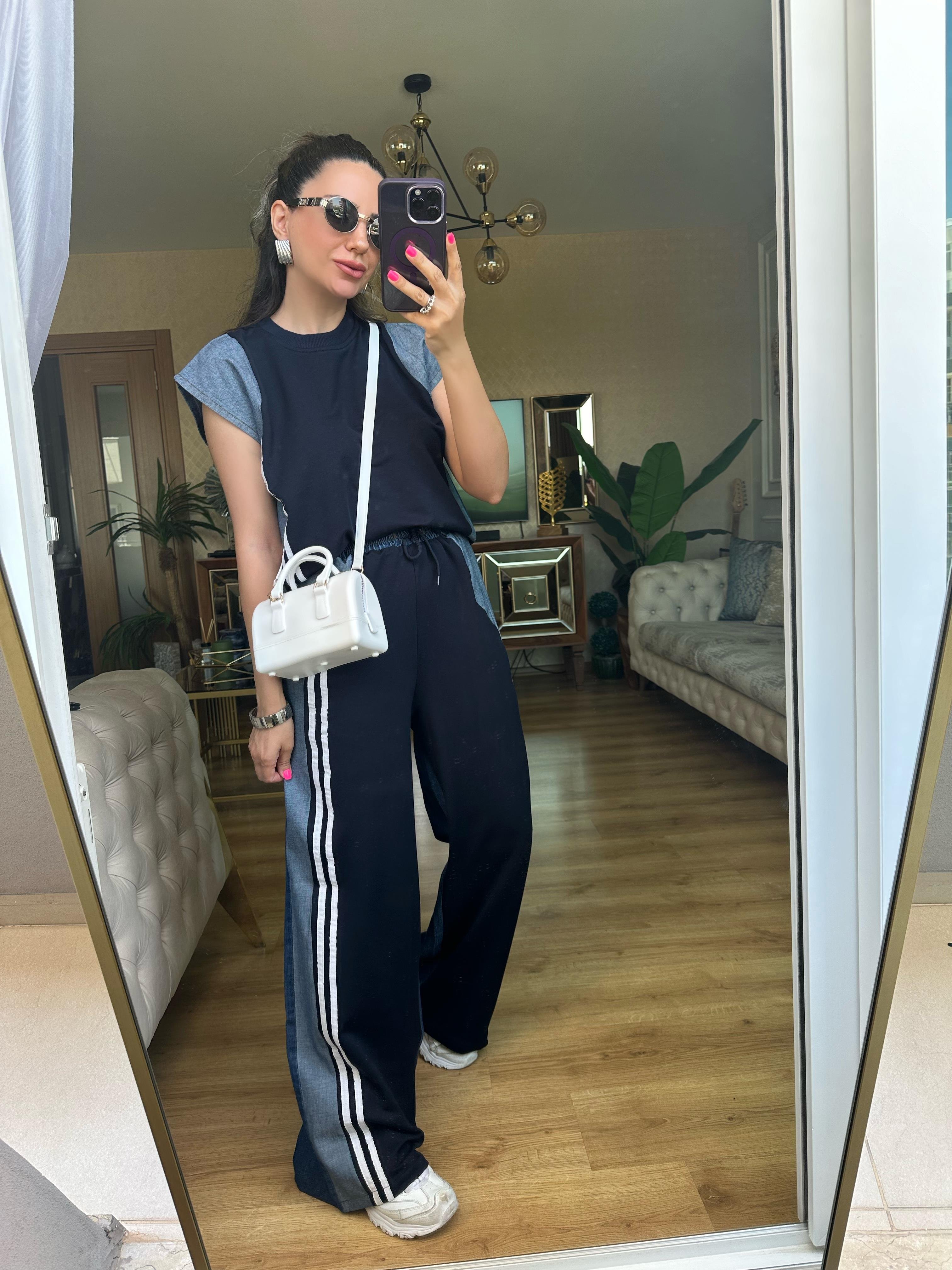 Lacivert Kot Detaylı Pantolon Bluz Takım