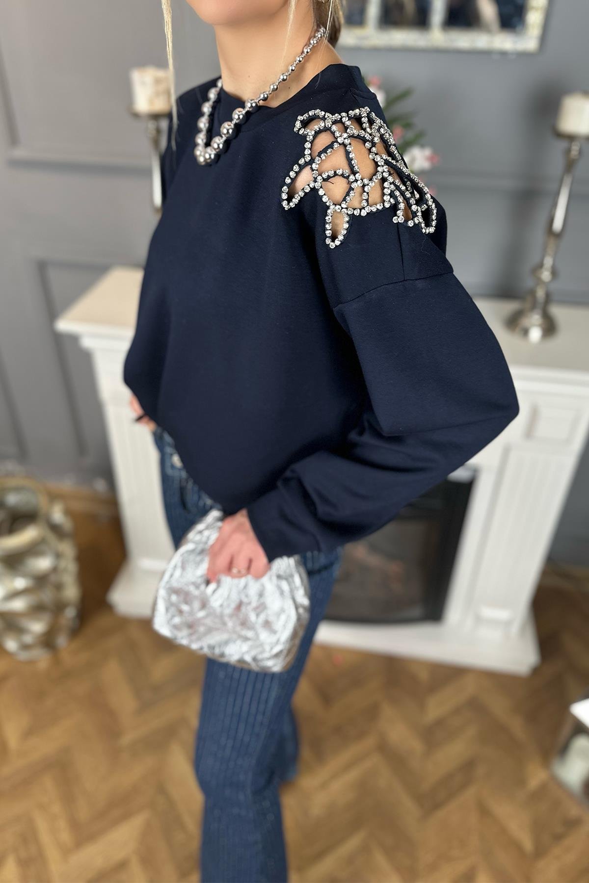 Lacivert Omuz Taşlı Sweatshirt