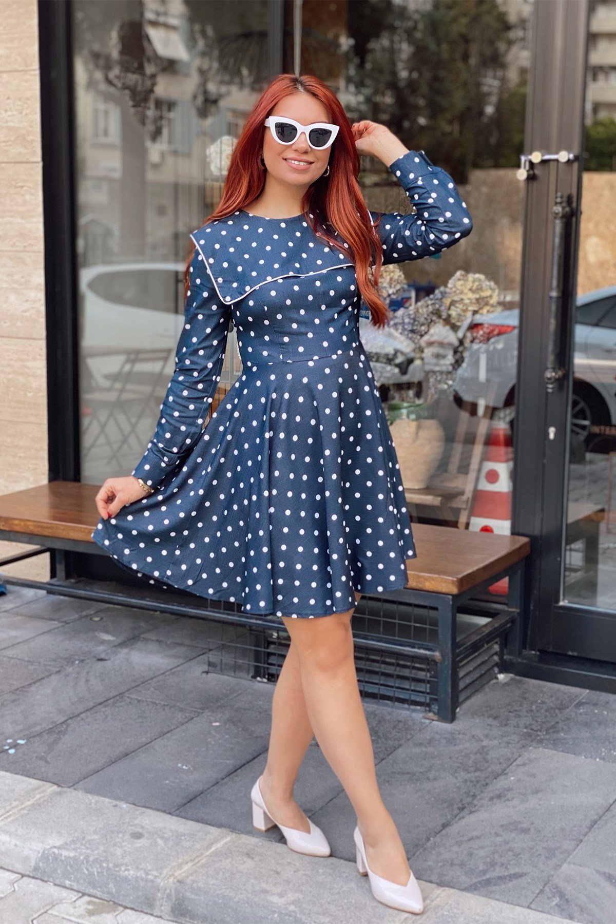 Lacivert Puantiyeli Volanlı Elbise