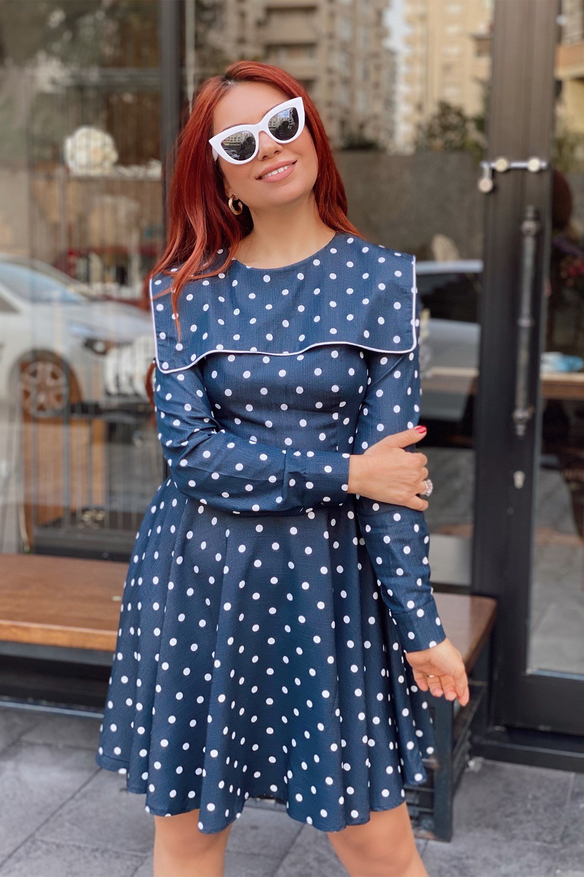 Lacivert Puantiyeli Volanlı Elbise