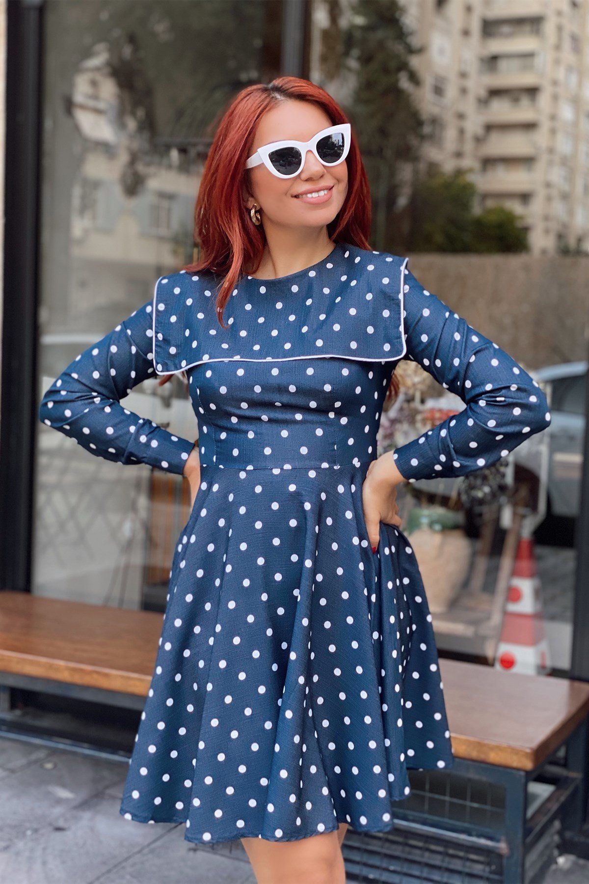 Lacivert Puantiyeli Volanlı Elbise