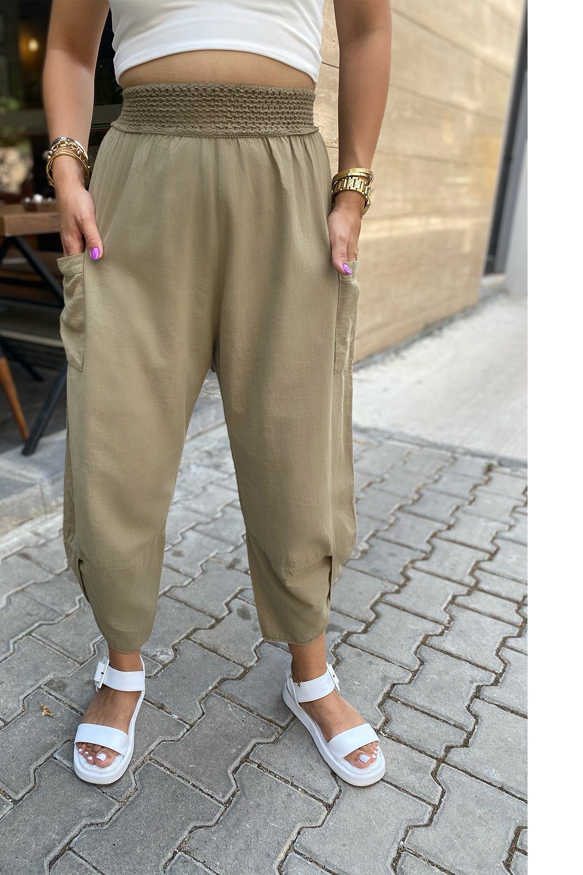 Lastikli Yeşil Şalvar Keten Pantolon