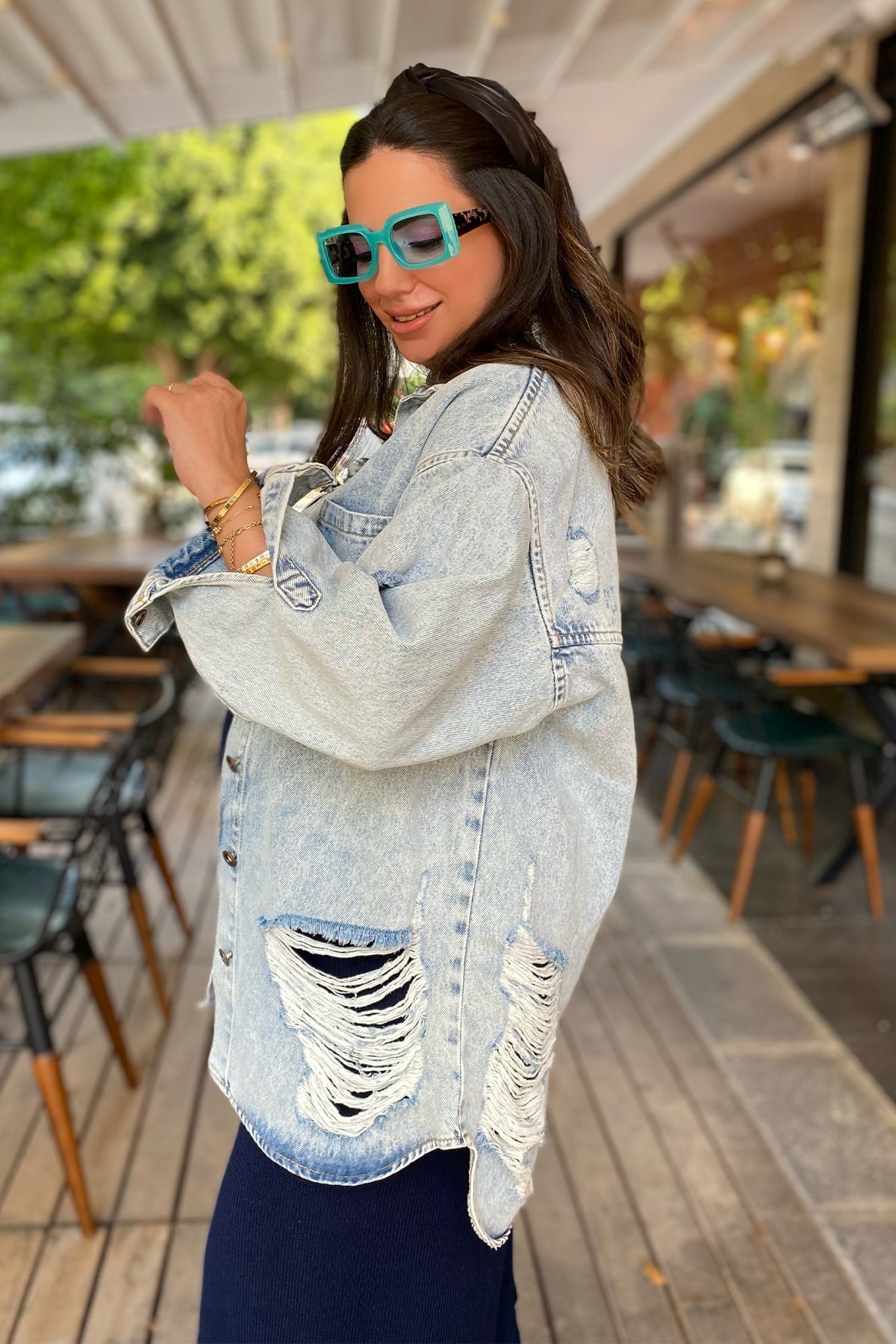 Lazer Detaylı Oversize Kot Ceket