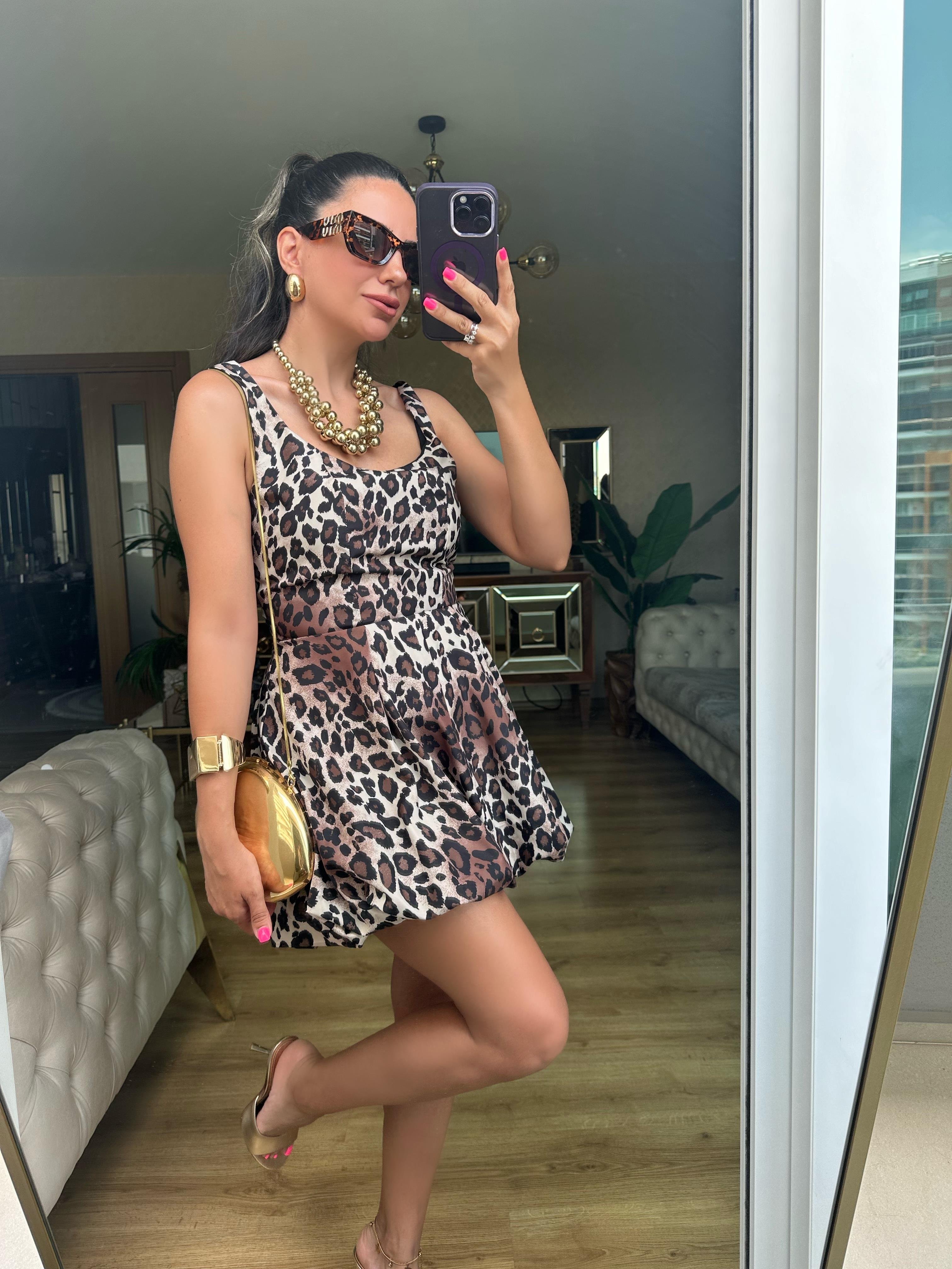 Leopar Balon Elbise