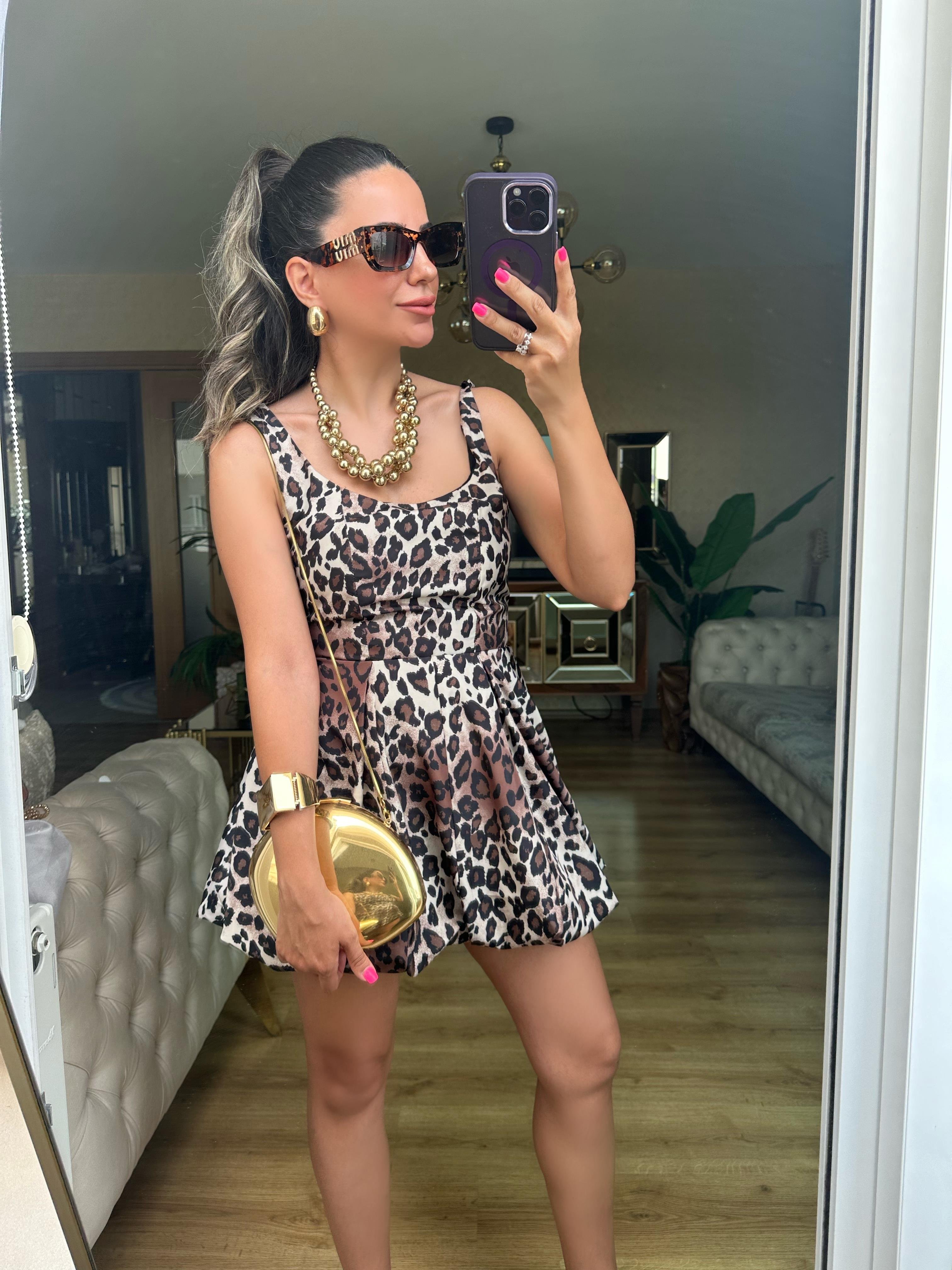 Leopar Balon Elbise