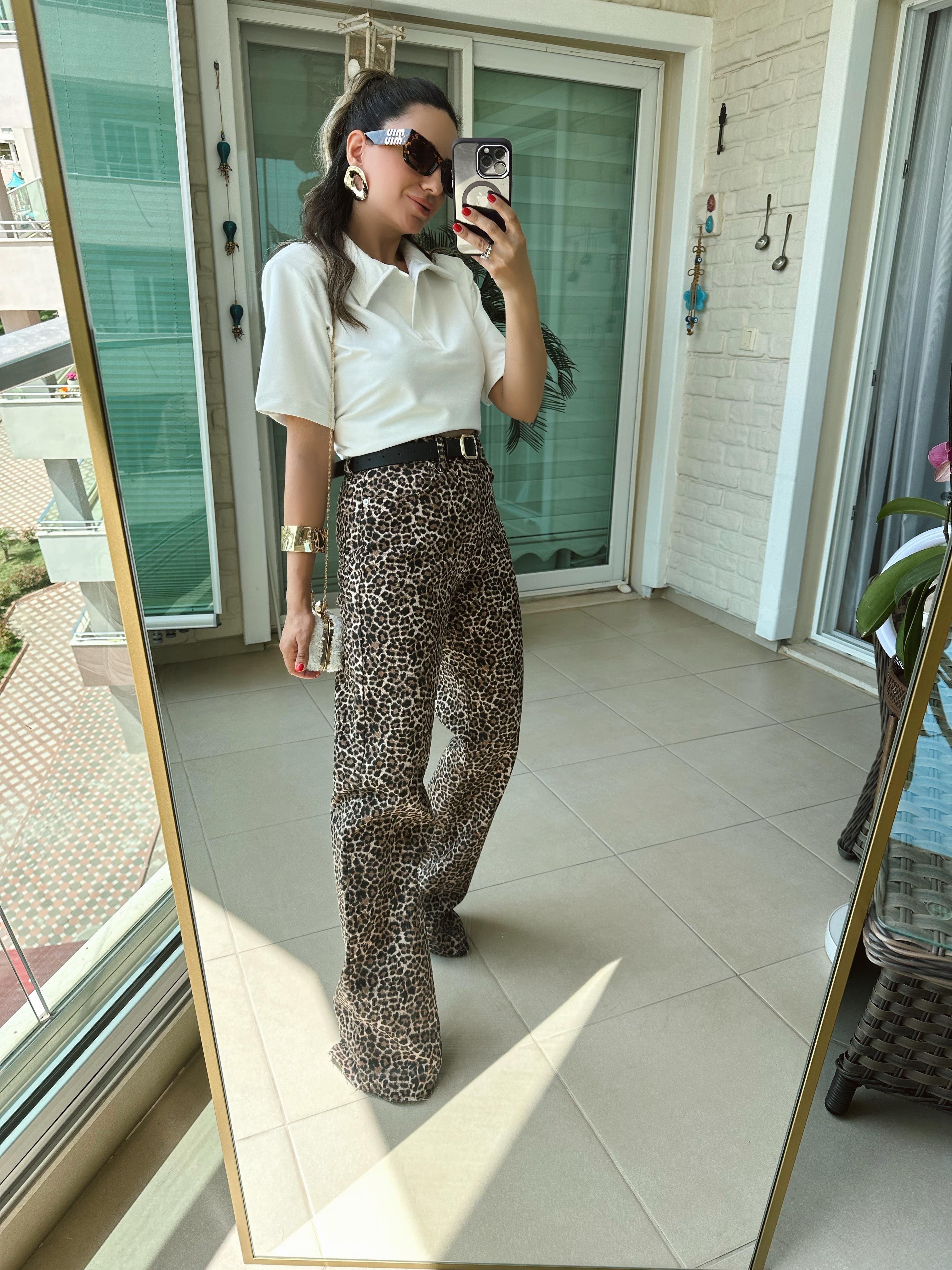 Leopar Desen Wide Leg Jean