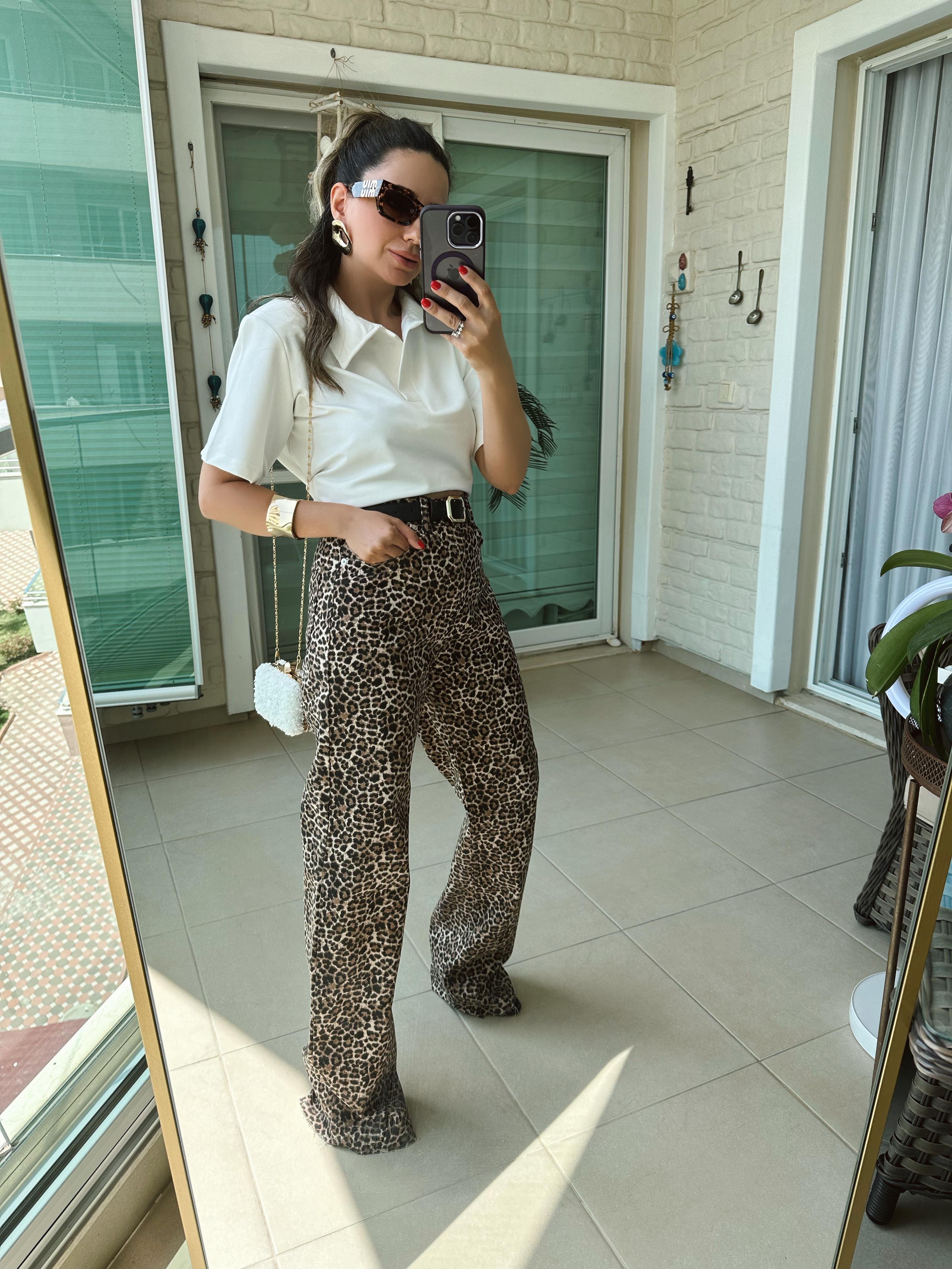 Leopar Desen Wide Leg Jean