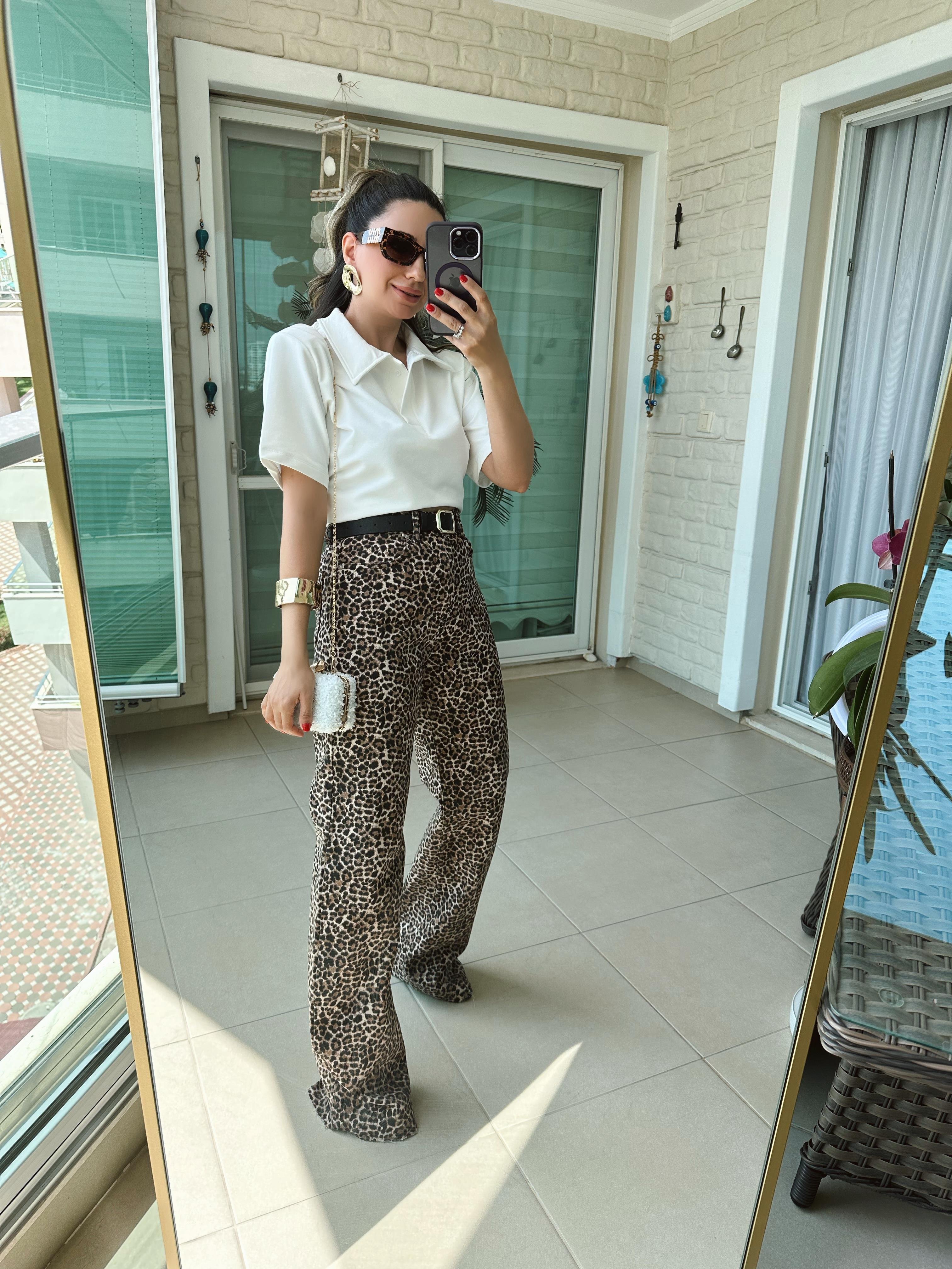 Leopar Desen Wide Leg Jean