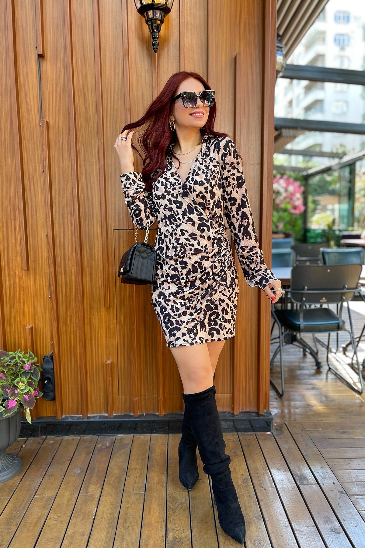 Leopar Desenli Drape Detaylı Elbise 