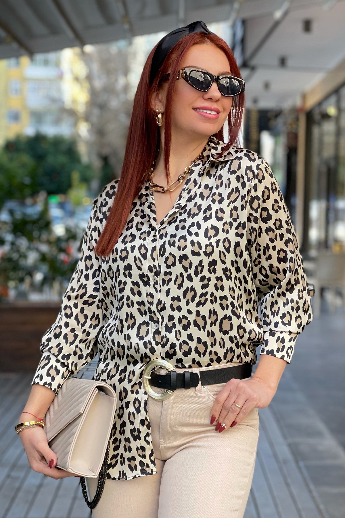 Leopar Desenli Salaş Saten Gömlek