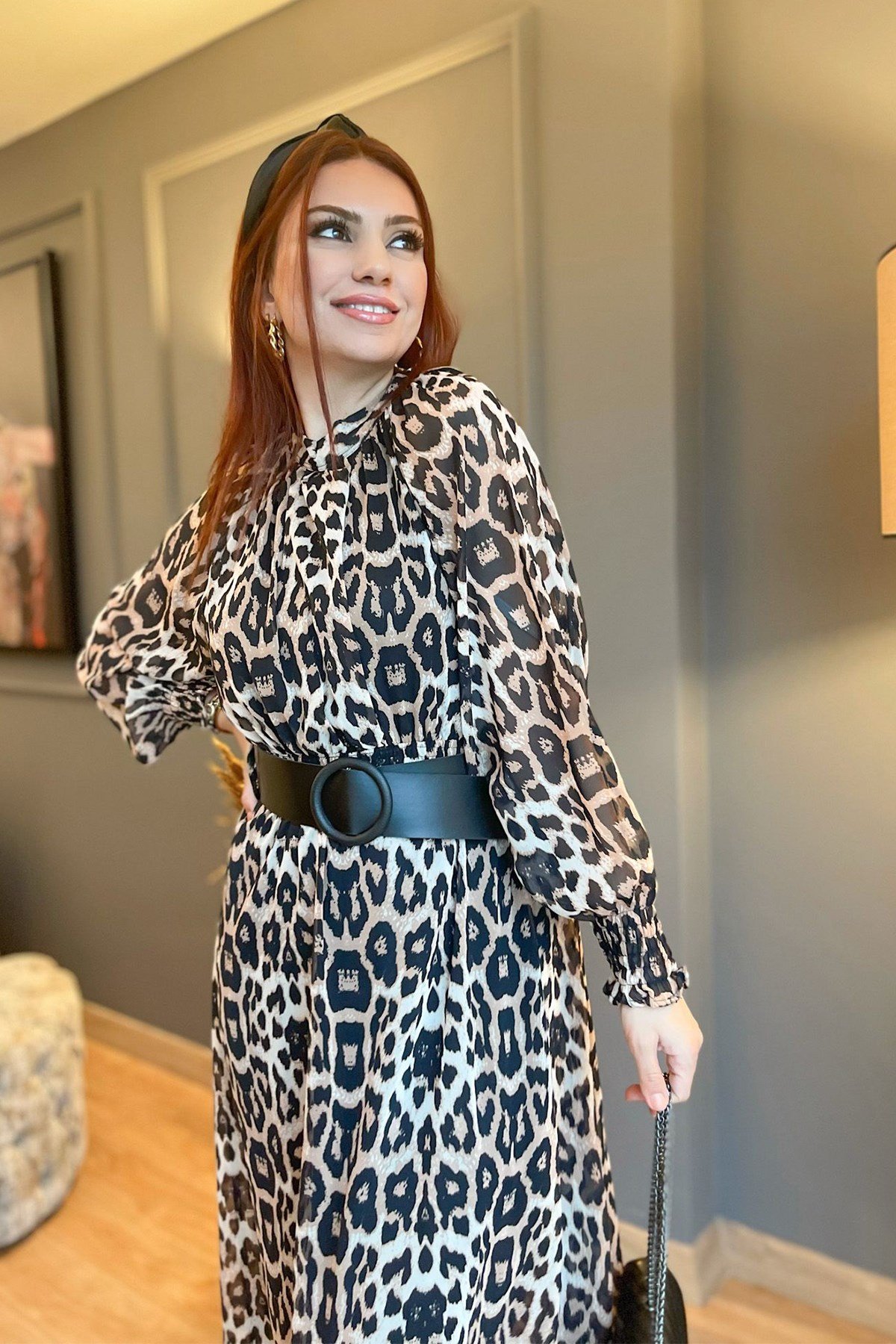 Leopar Desenli Şifon Elbise 