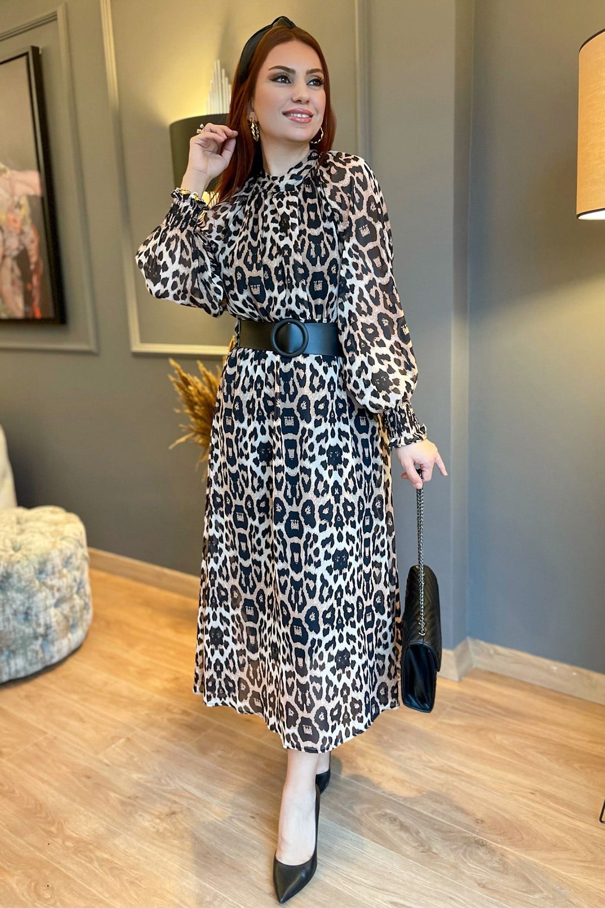 Leopar Desenli Şifon Elbise 