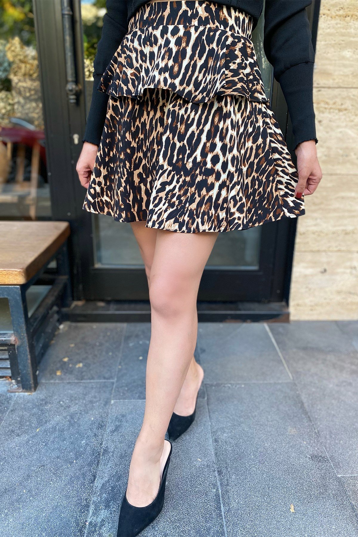 Leopar Desenli Volanlı Şort Etek 