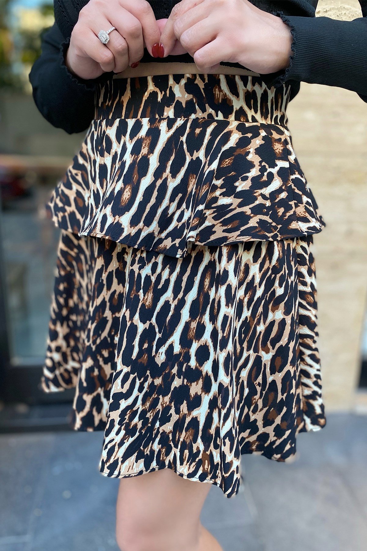 Leopar Desenli Volanlı Şort Etek 