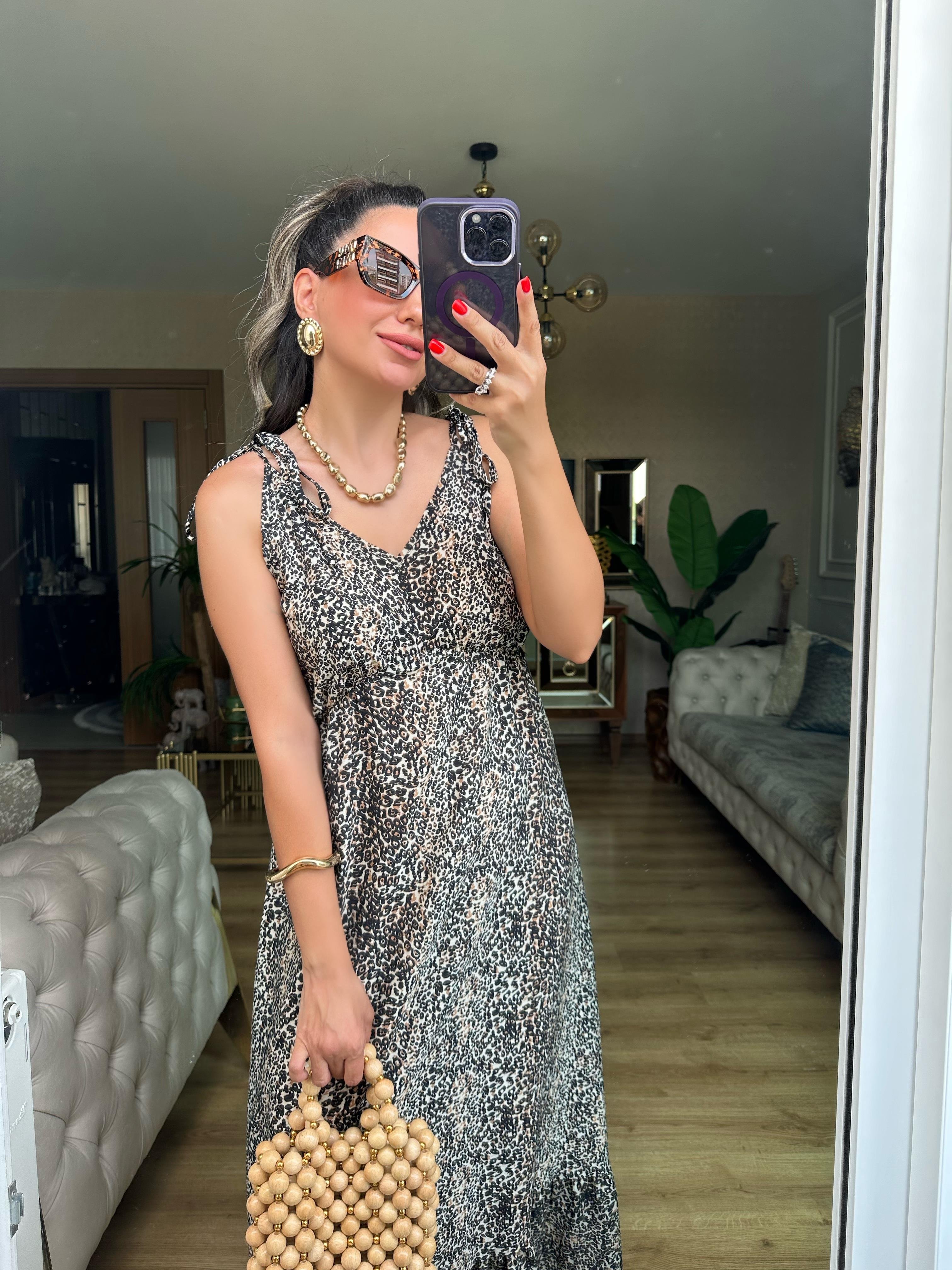Leopar İp Askılı Bağlamalı Elbise