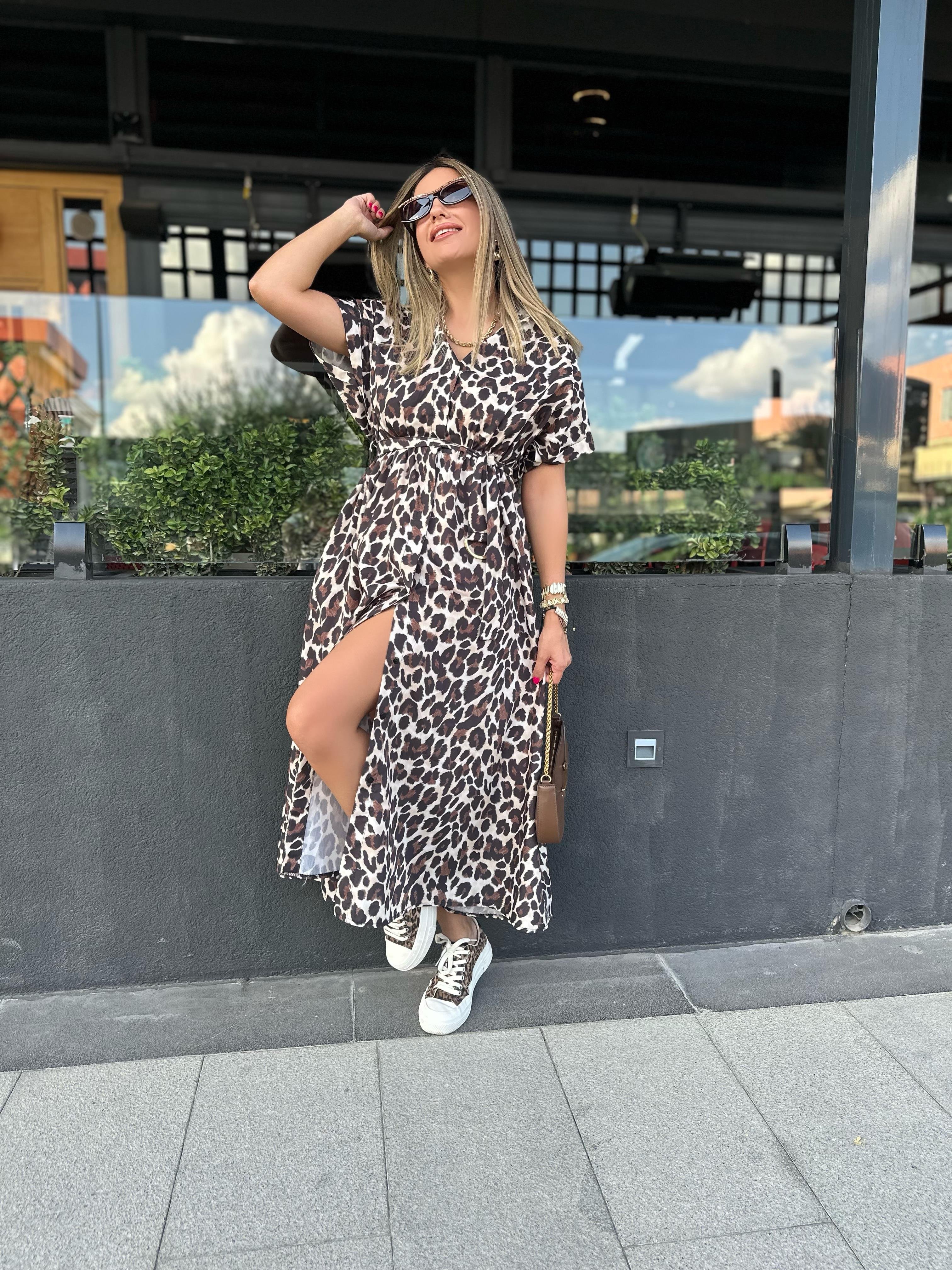Leopar Önden Düğmeli Kuşaklı Poplin Elbise