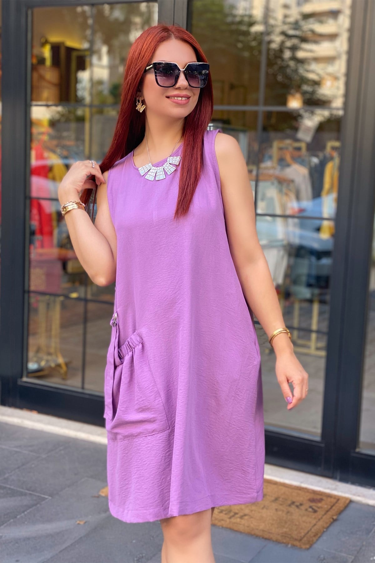Lila Cep Detaylı Elbise
