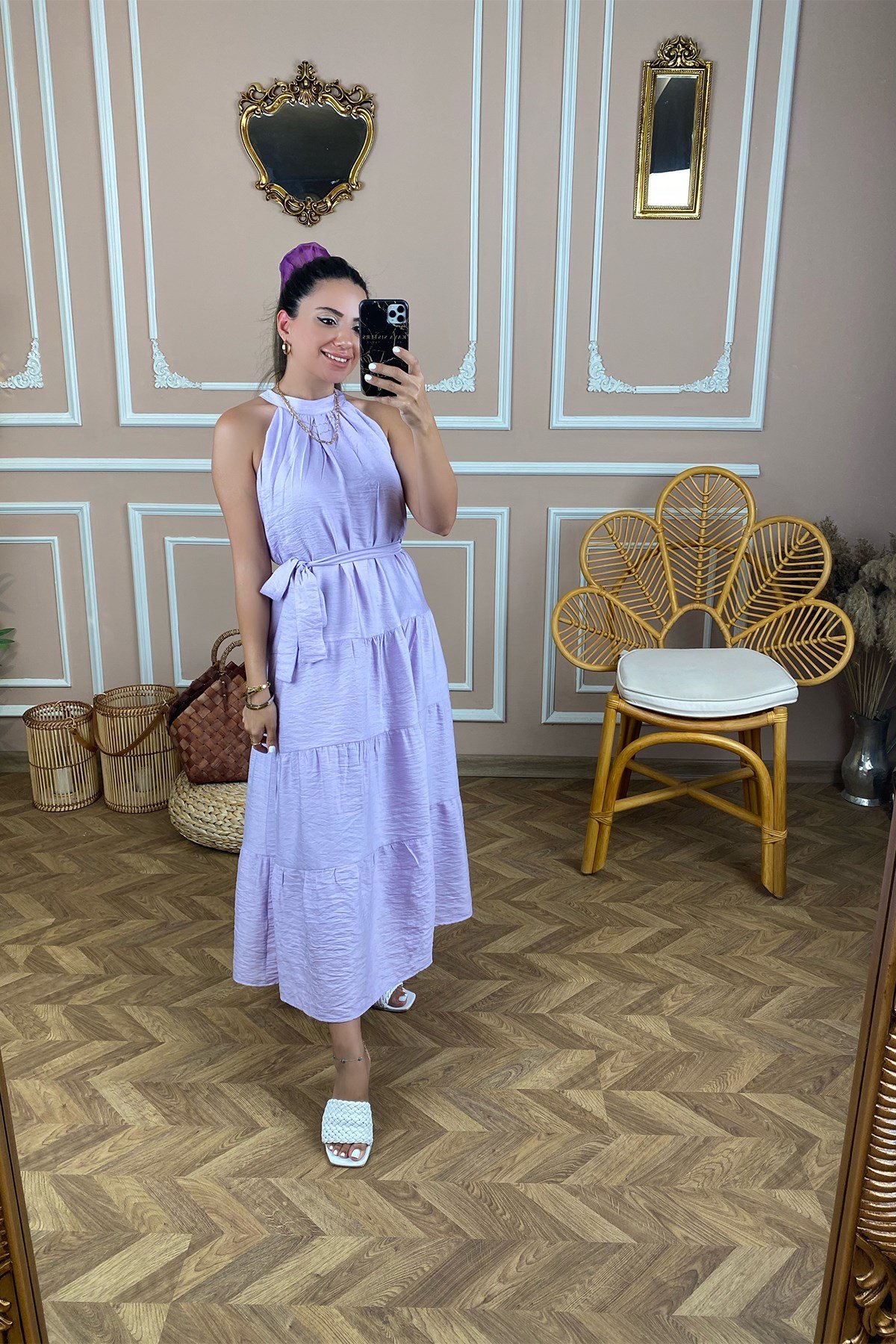 Lila Halter Yaka Bağlamalı Elbise