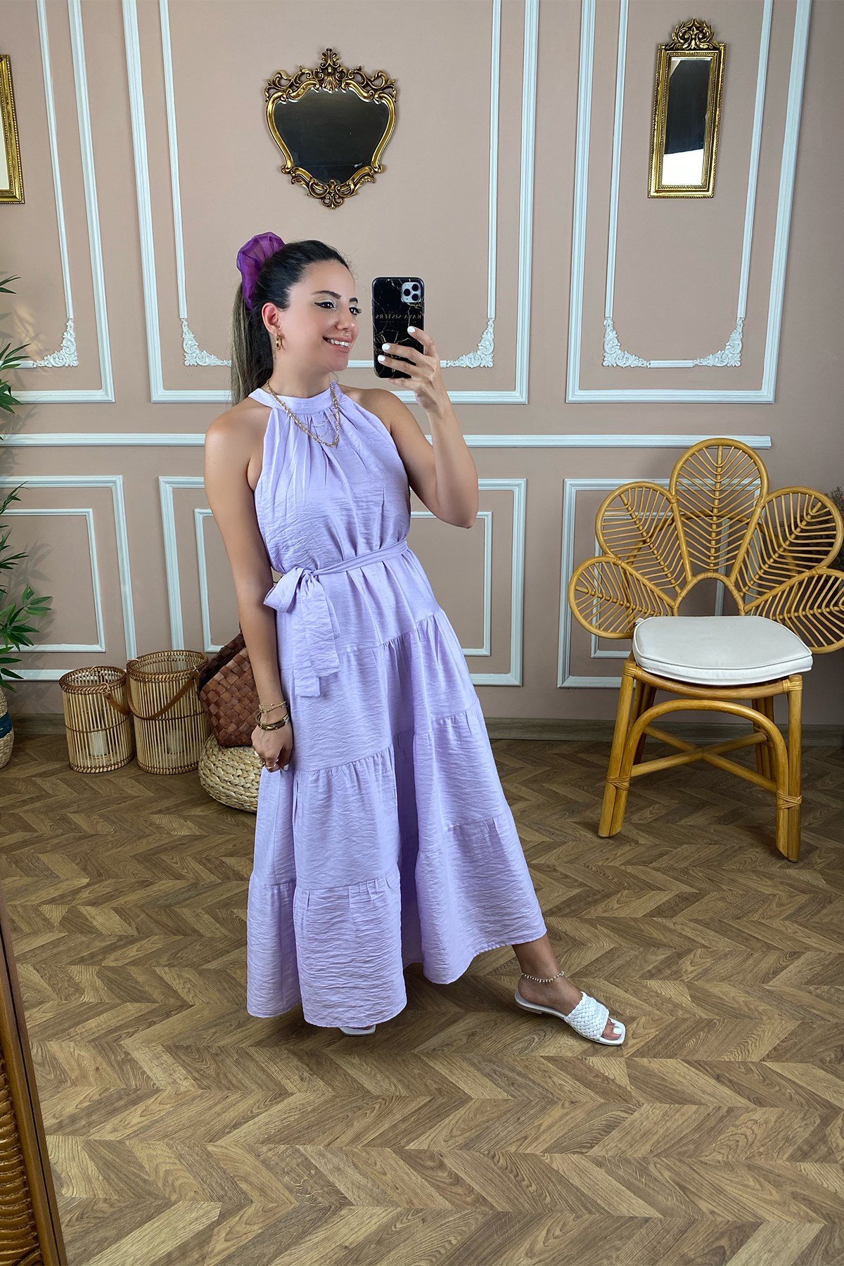 Lila Halter Yaka Bağlamalı Elbise