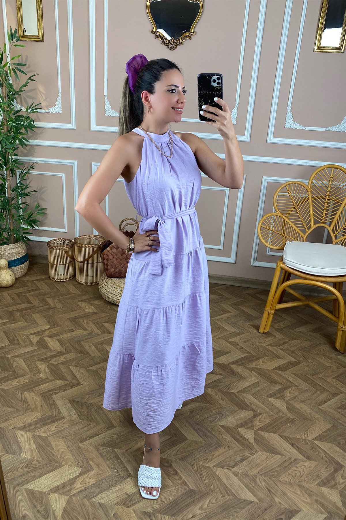 Lila Halter Yaka Bağlamalı Elbise