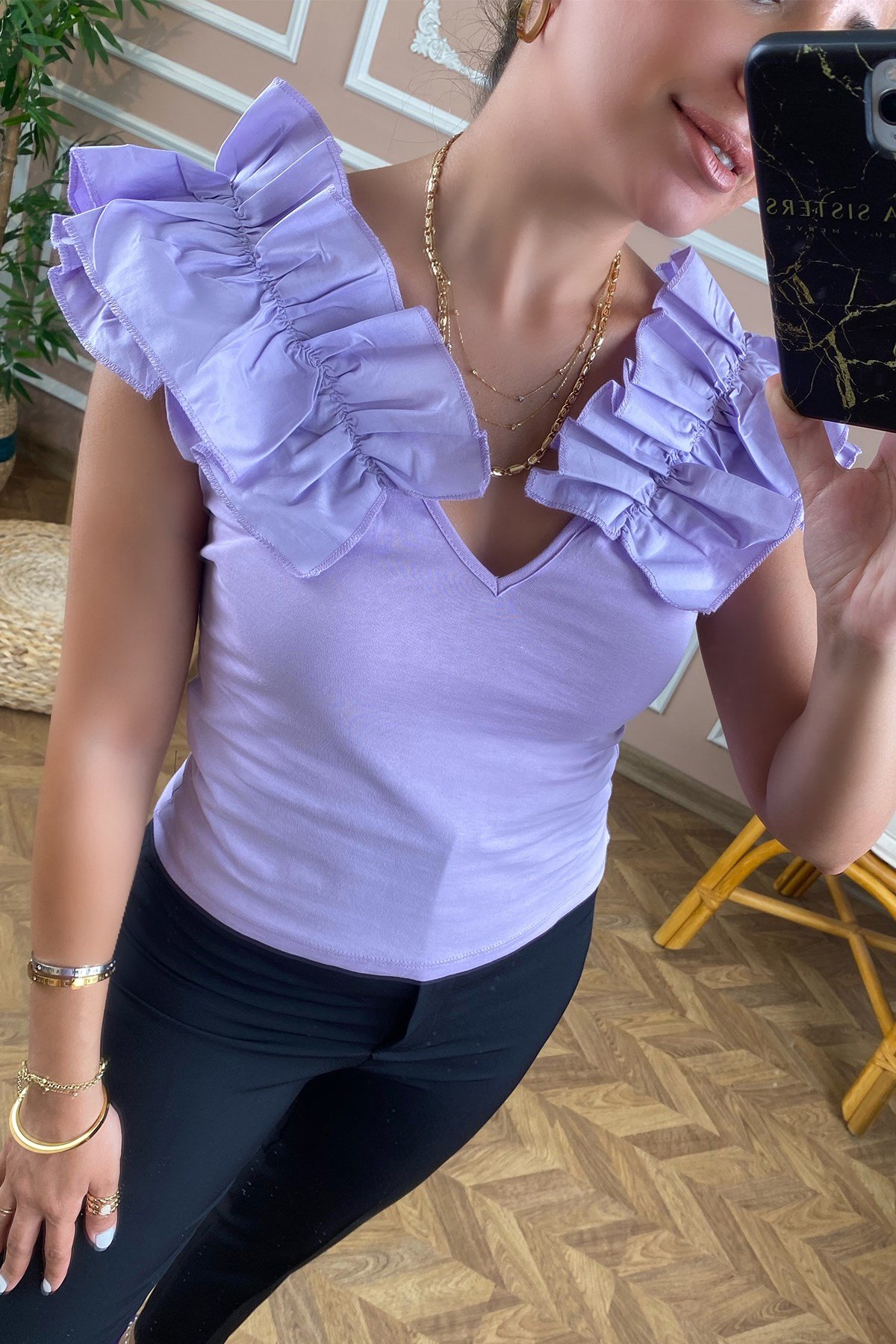 Lila Omuz Fırfırlı Bluz