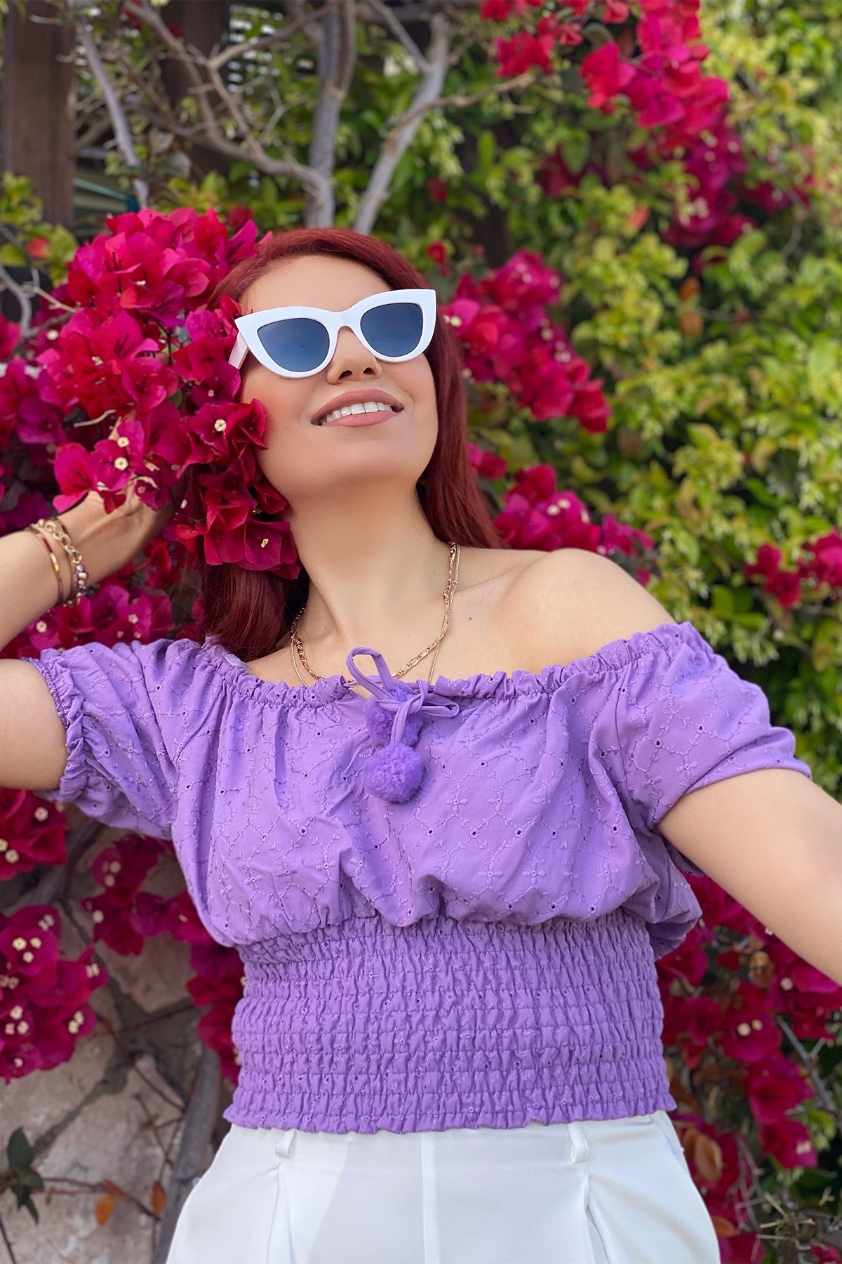 Lila Ponpon Detaylı Gipeli Bluz