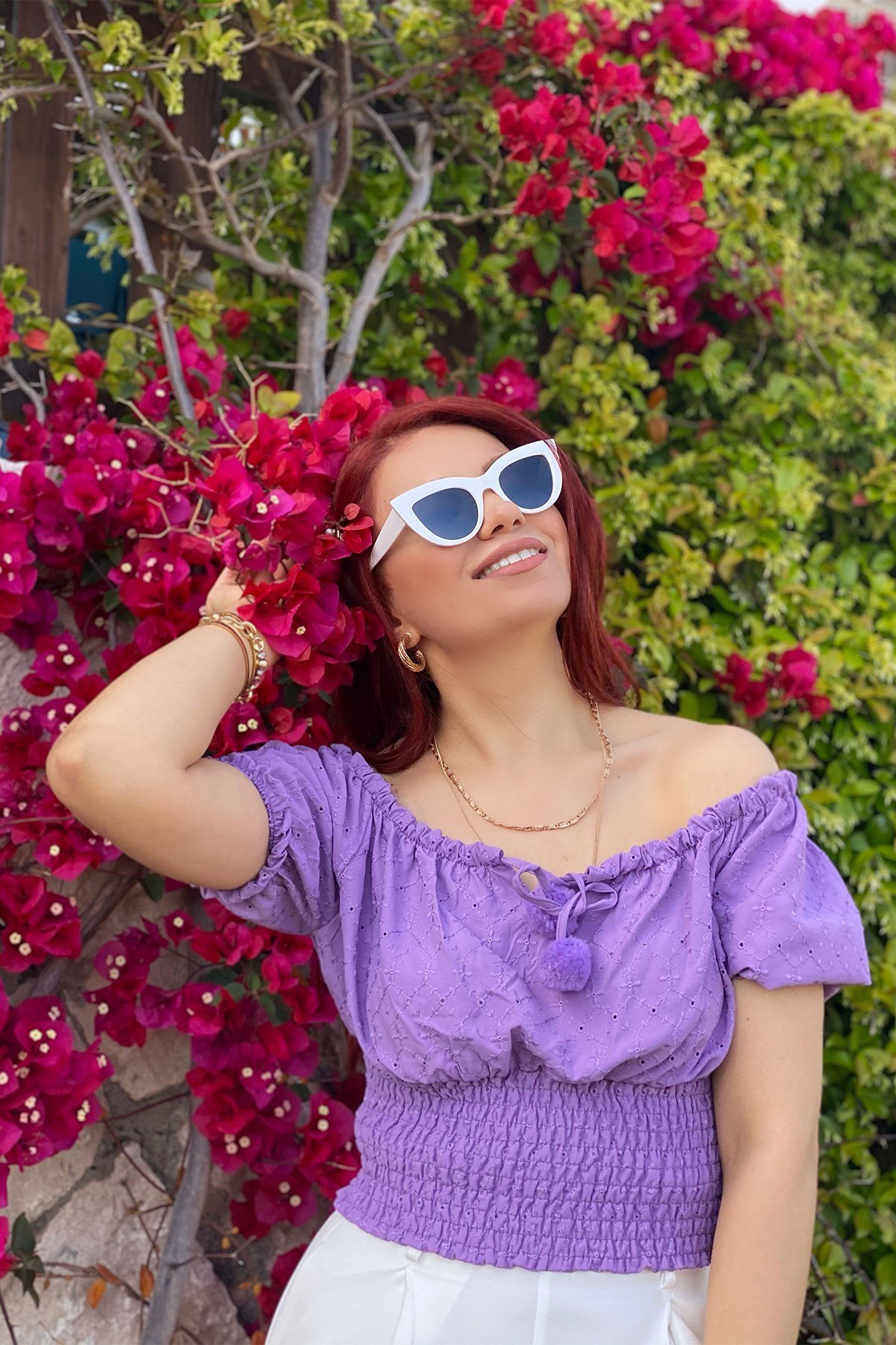 Lila Ponpon Detaylı Gipeli Bluz