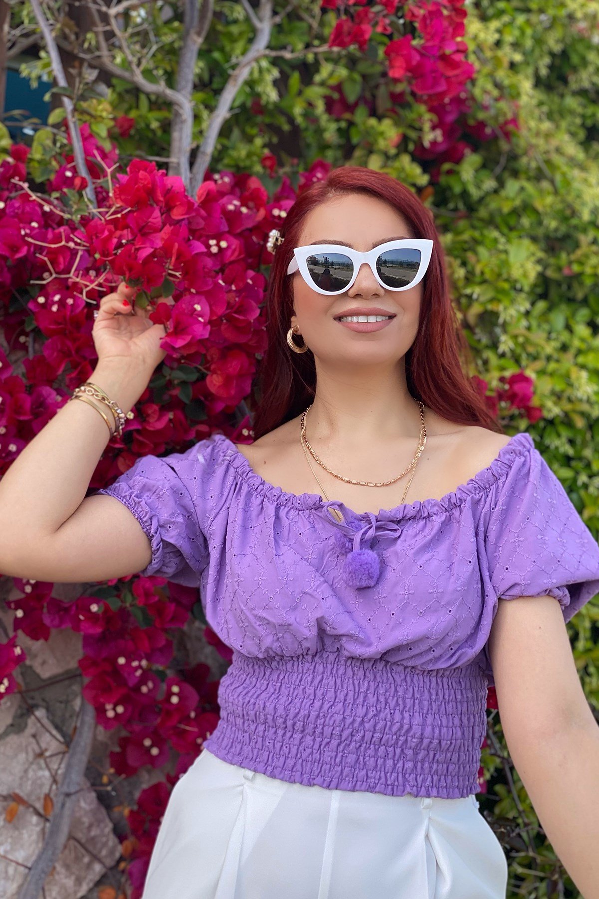 Lila Ponpon Detaylı Gipeli Bluz