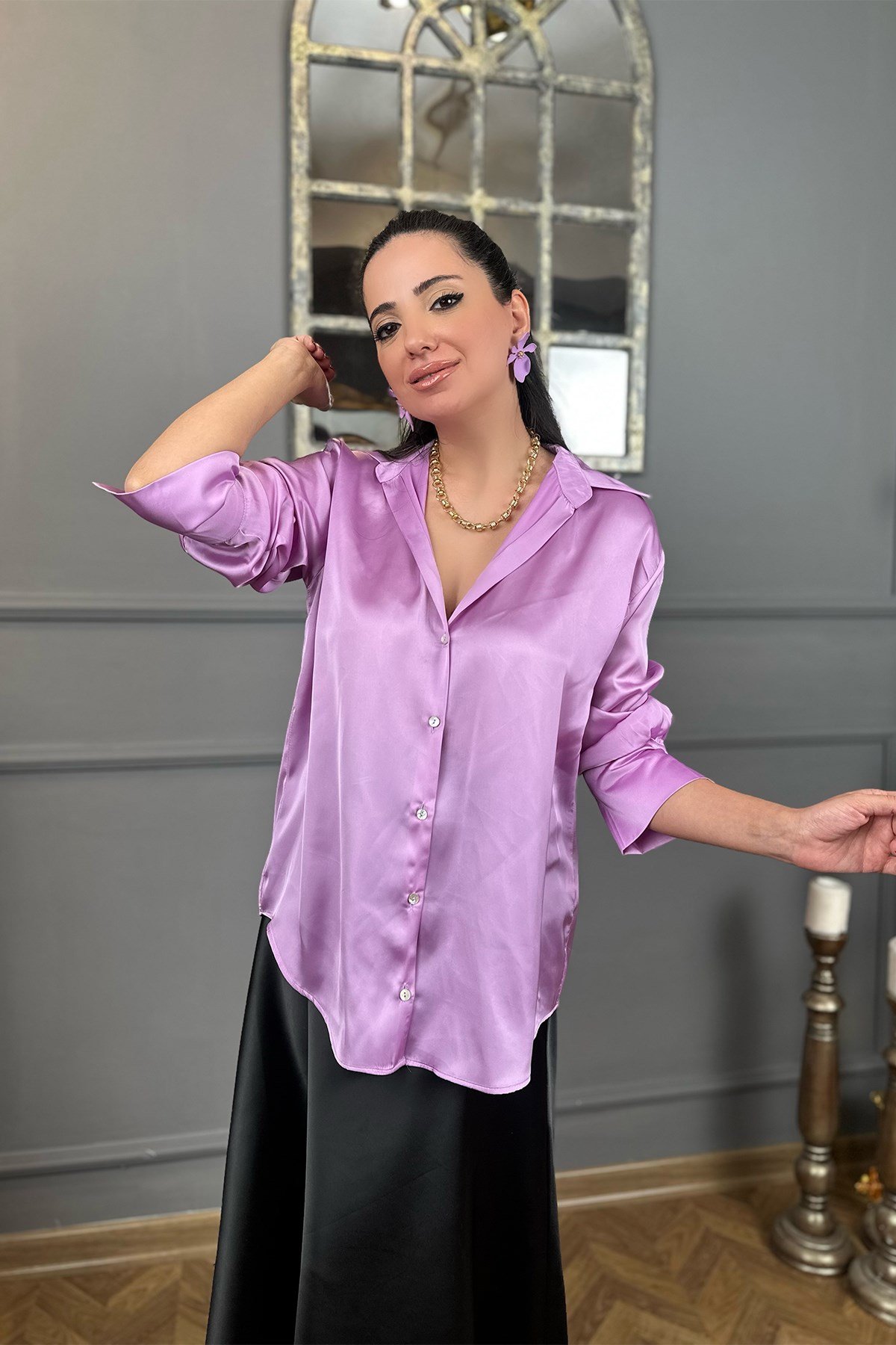 Lila Saten Gömlek