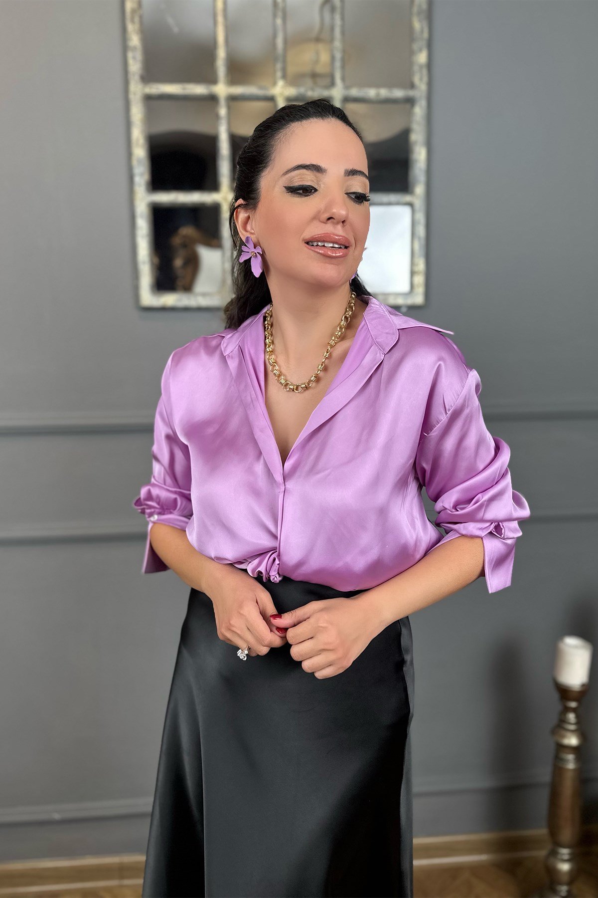 Lila Saten Gömlek