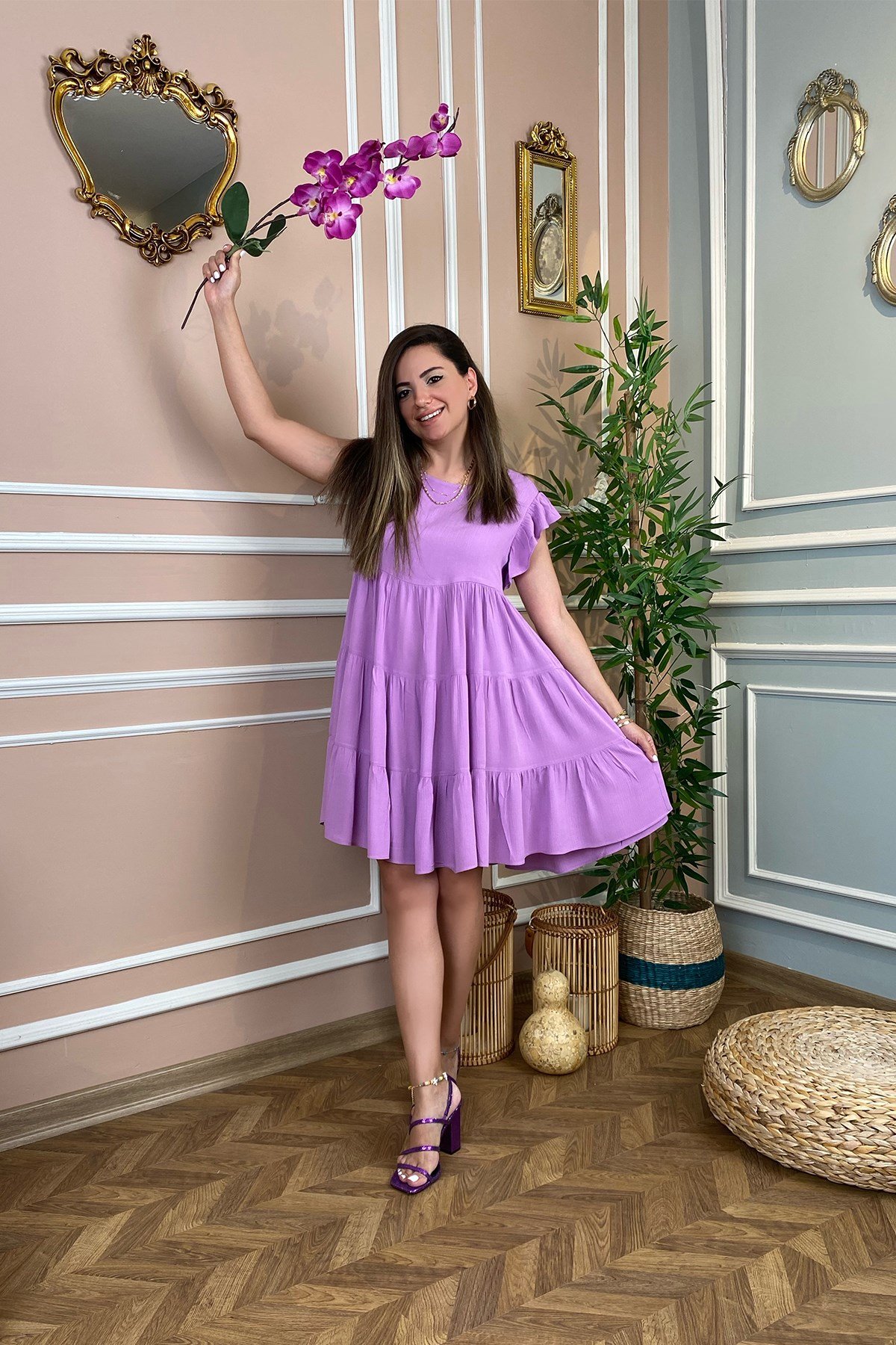 Lila Volan Detaylı Elbise