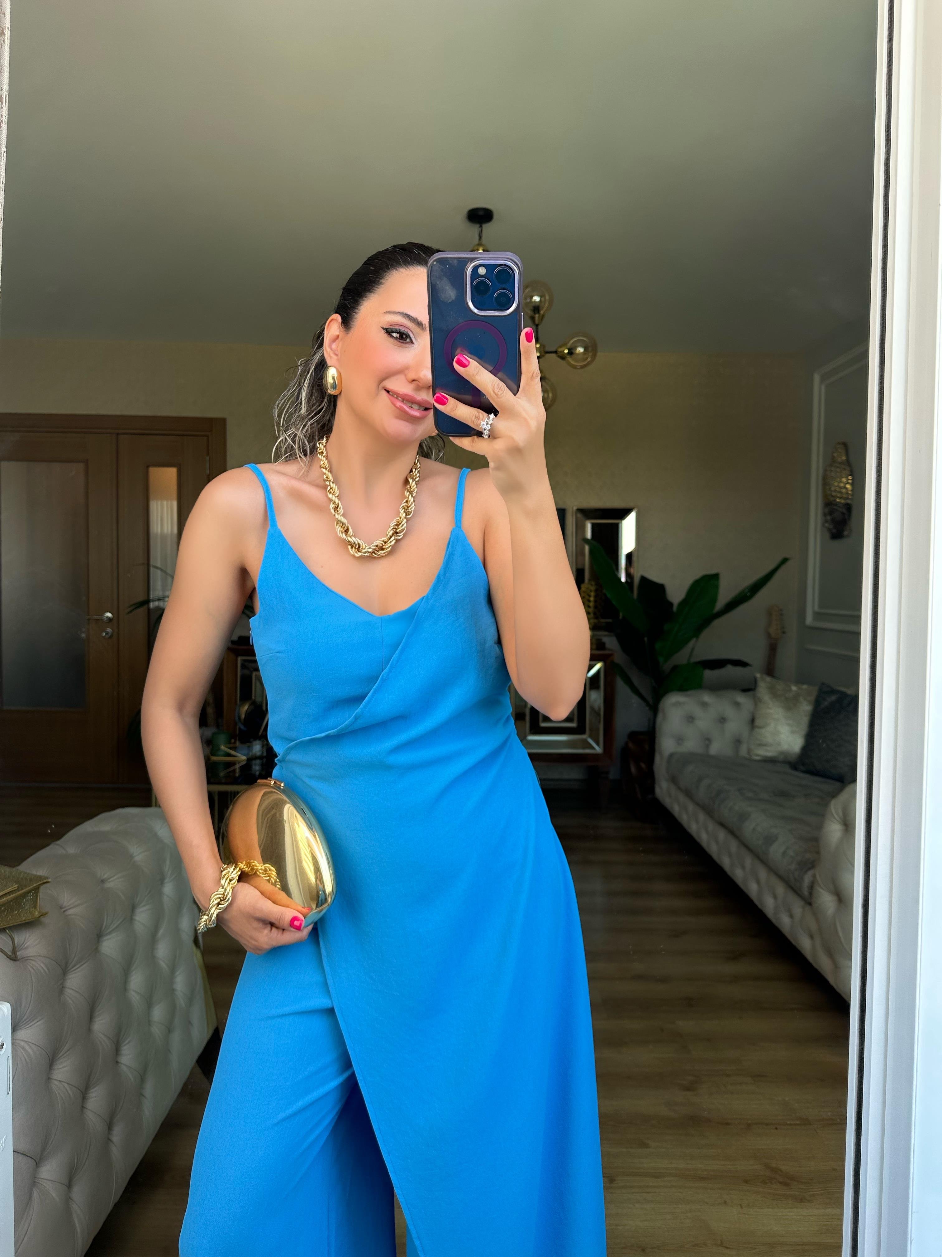 Mavi Askılı Tulum Elbise