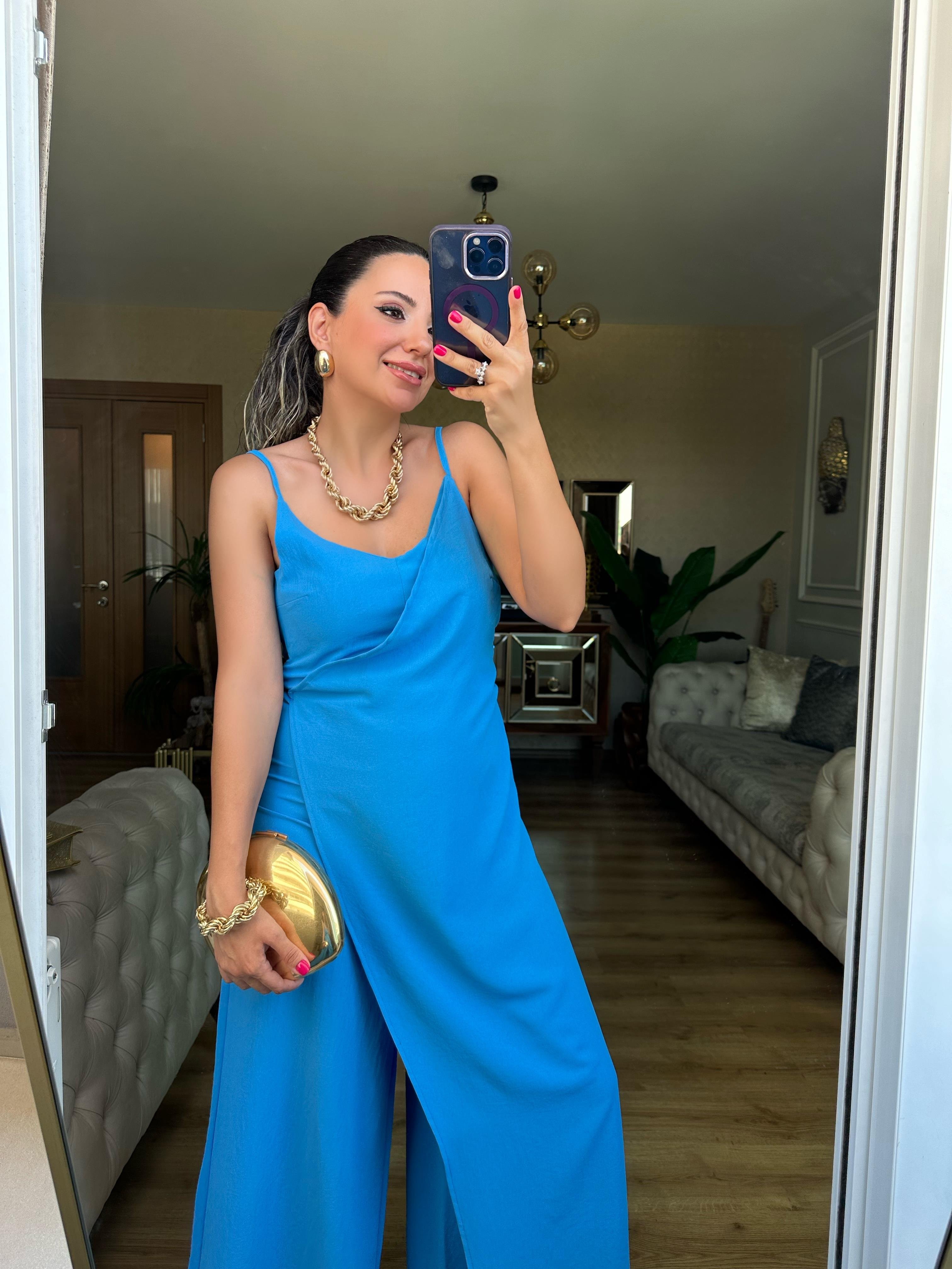 Mavi Askılı Tulum Elbise