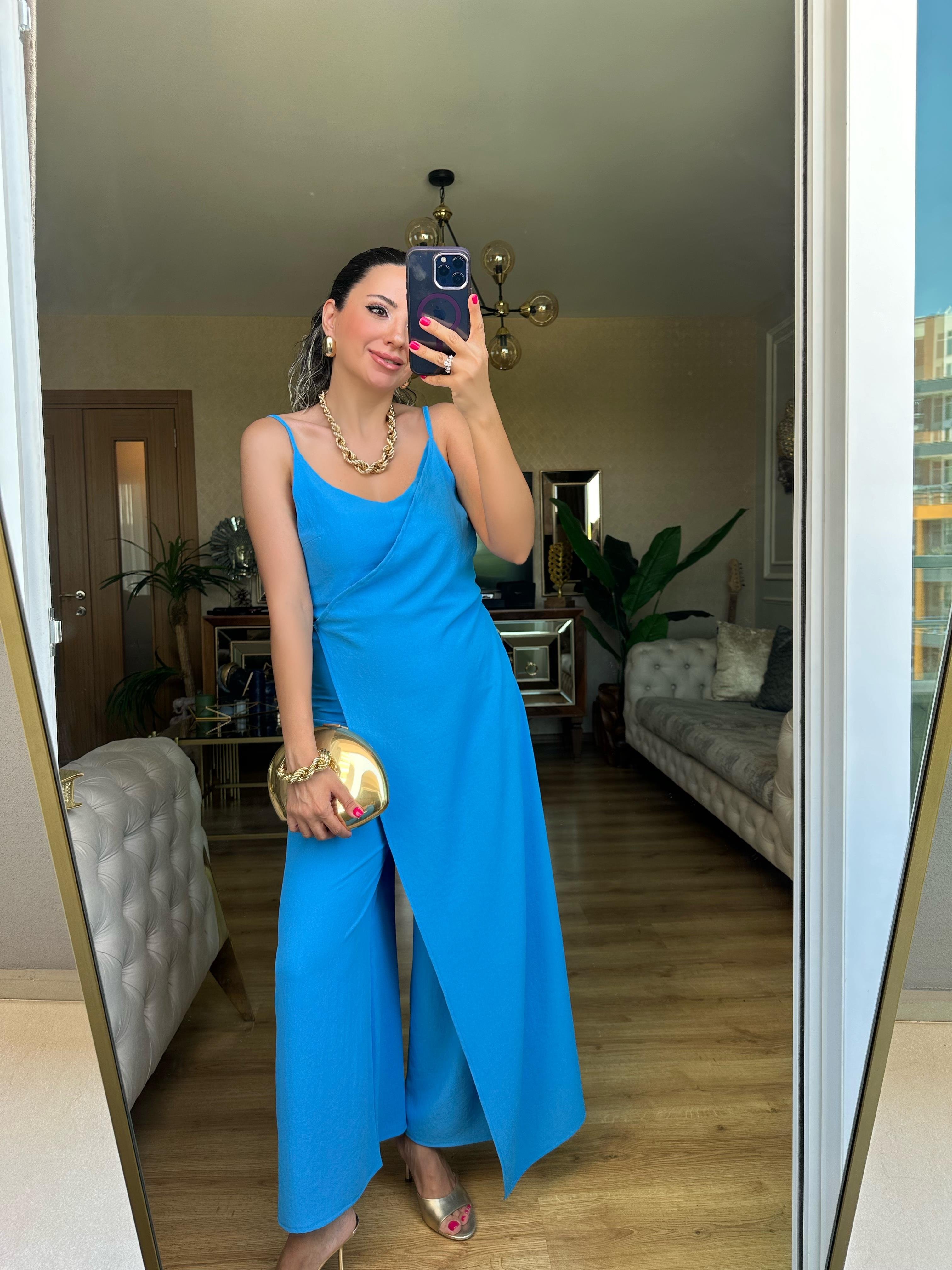 Mavi Askılı Tulum Elbise