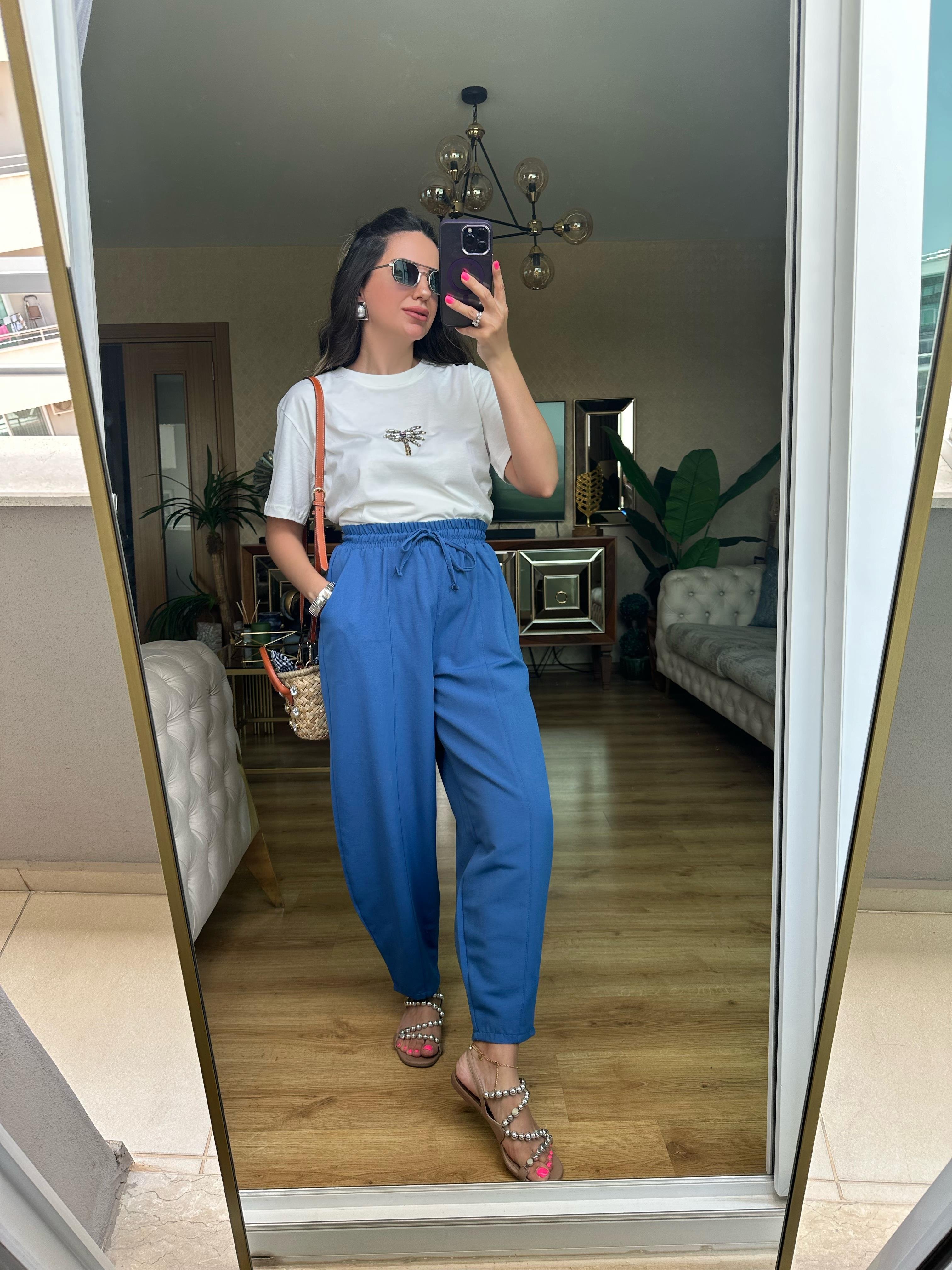 Mavi Beli Lastikli Keten Pantolon