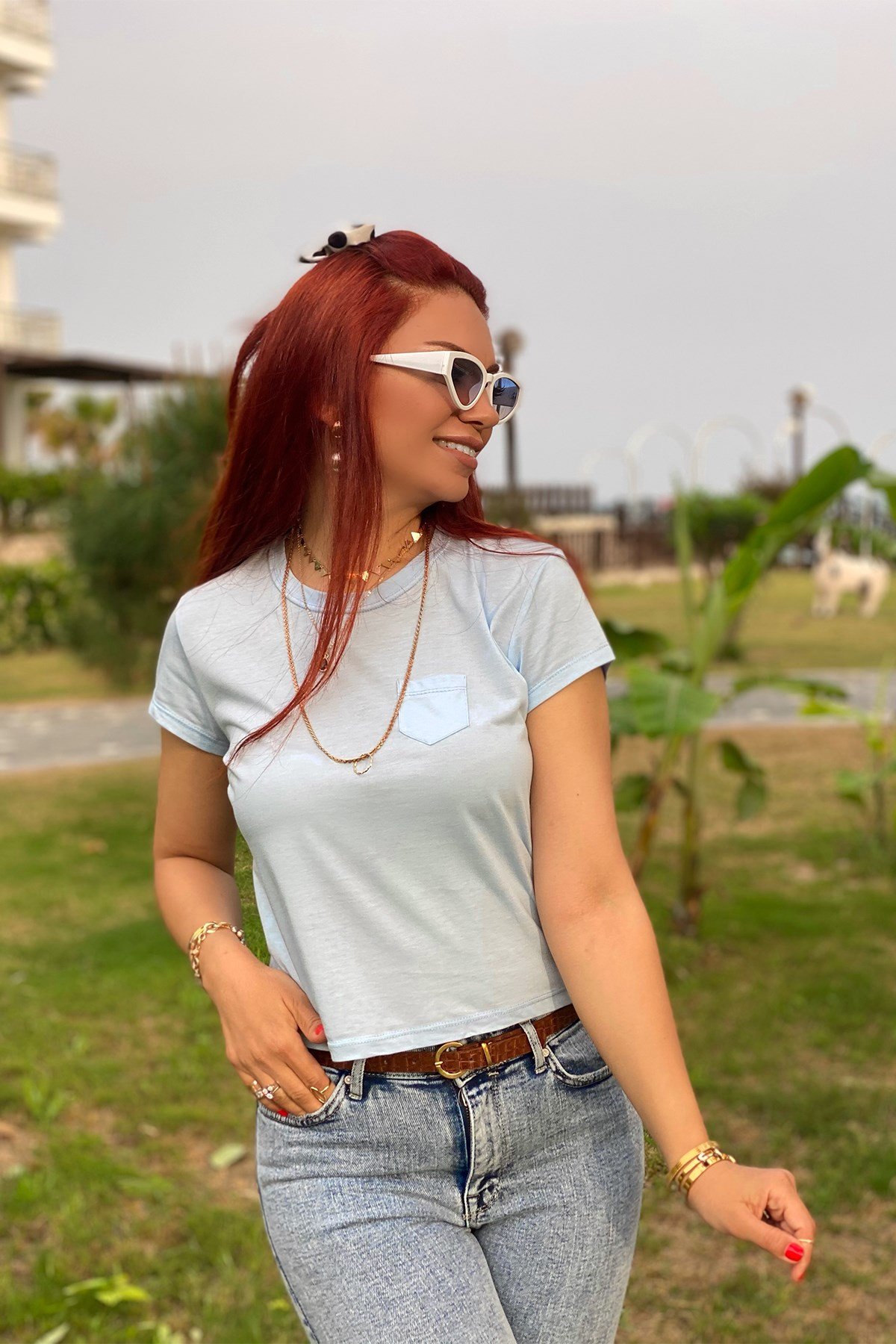 Mavi Cep Detaylı Basic Tshirt