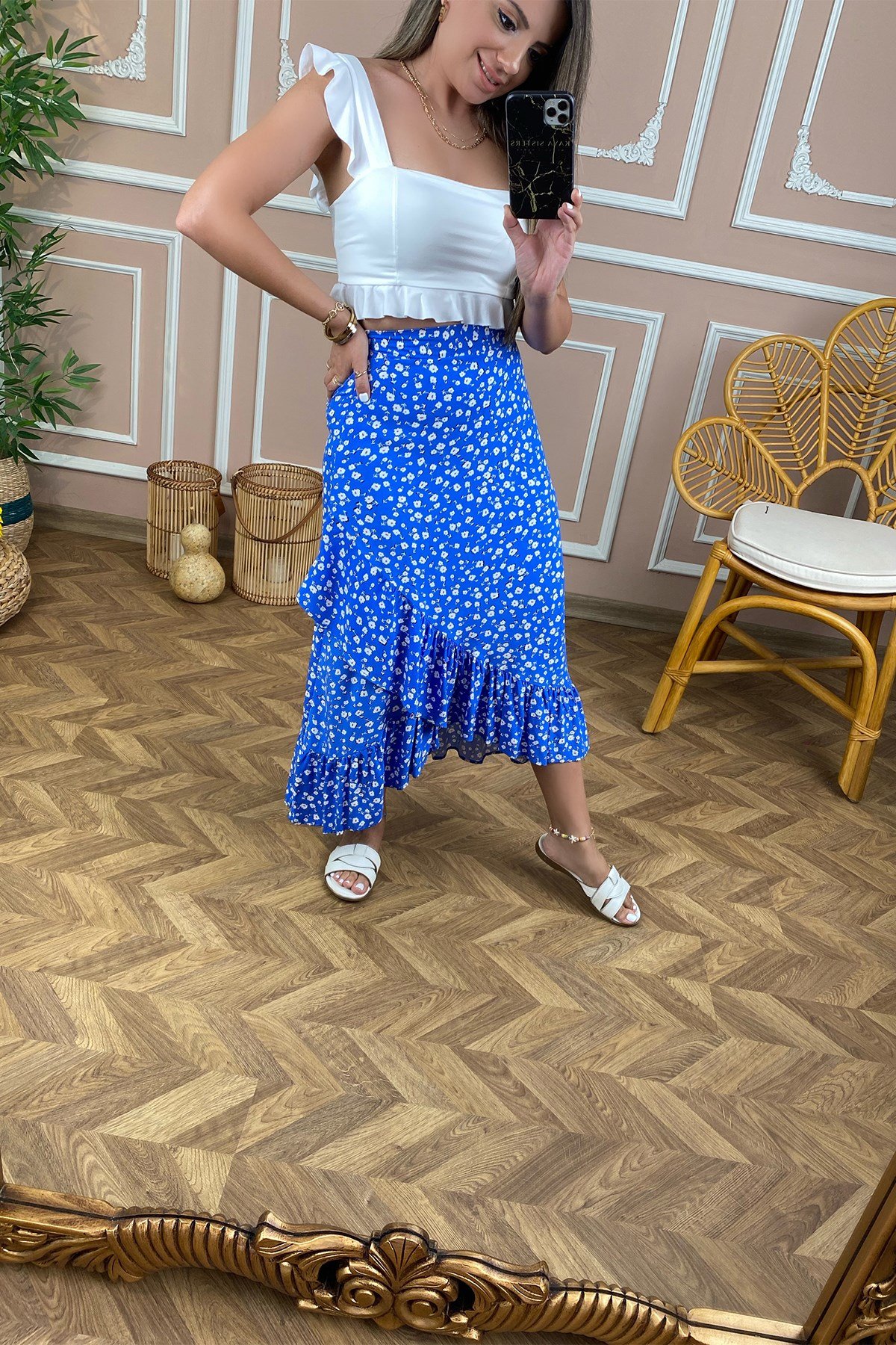 Mavi Çiçek Desenli Volanlı Etek