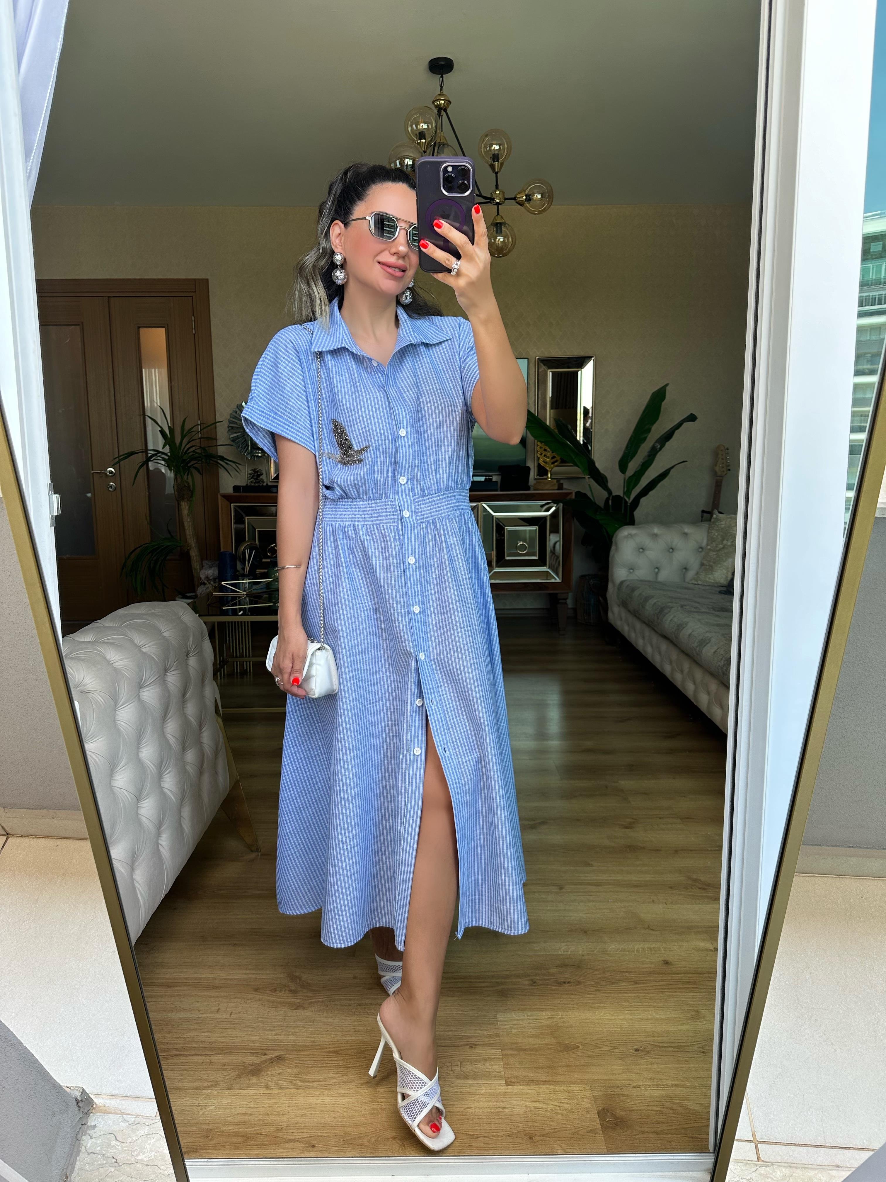 Mavi Çizgili Kuş Taşlı Elbise