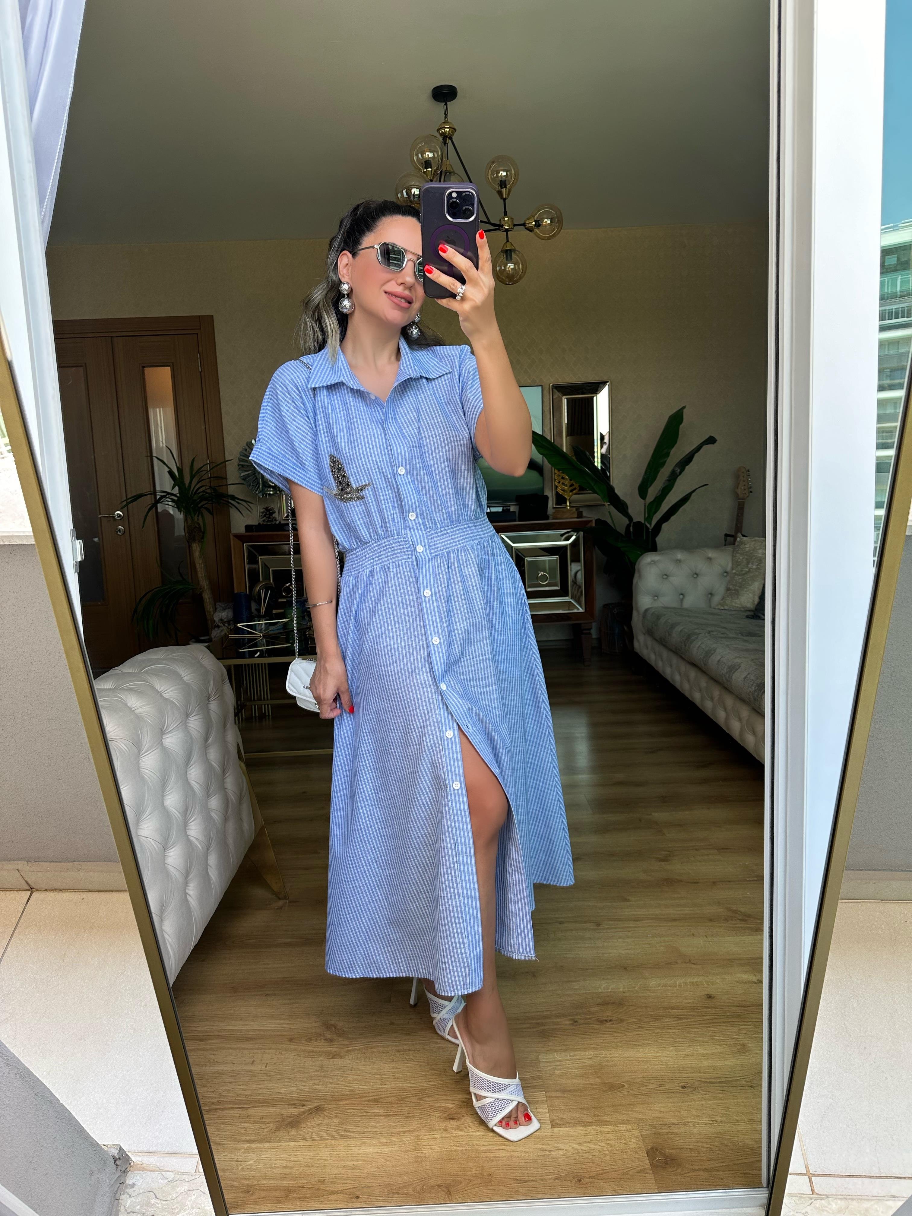 Mavi Çizgili Kuş Taşlı Elbise