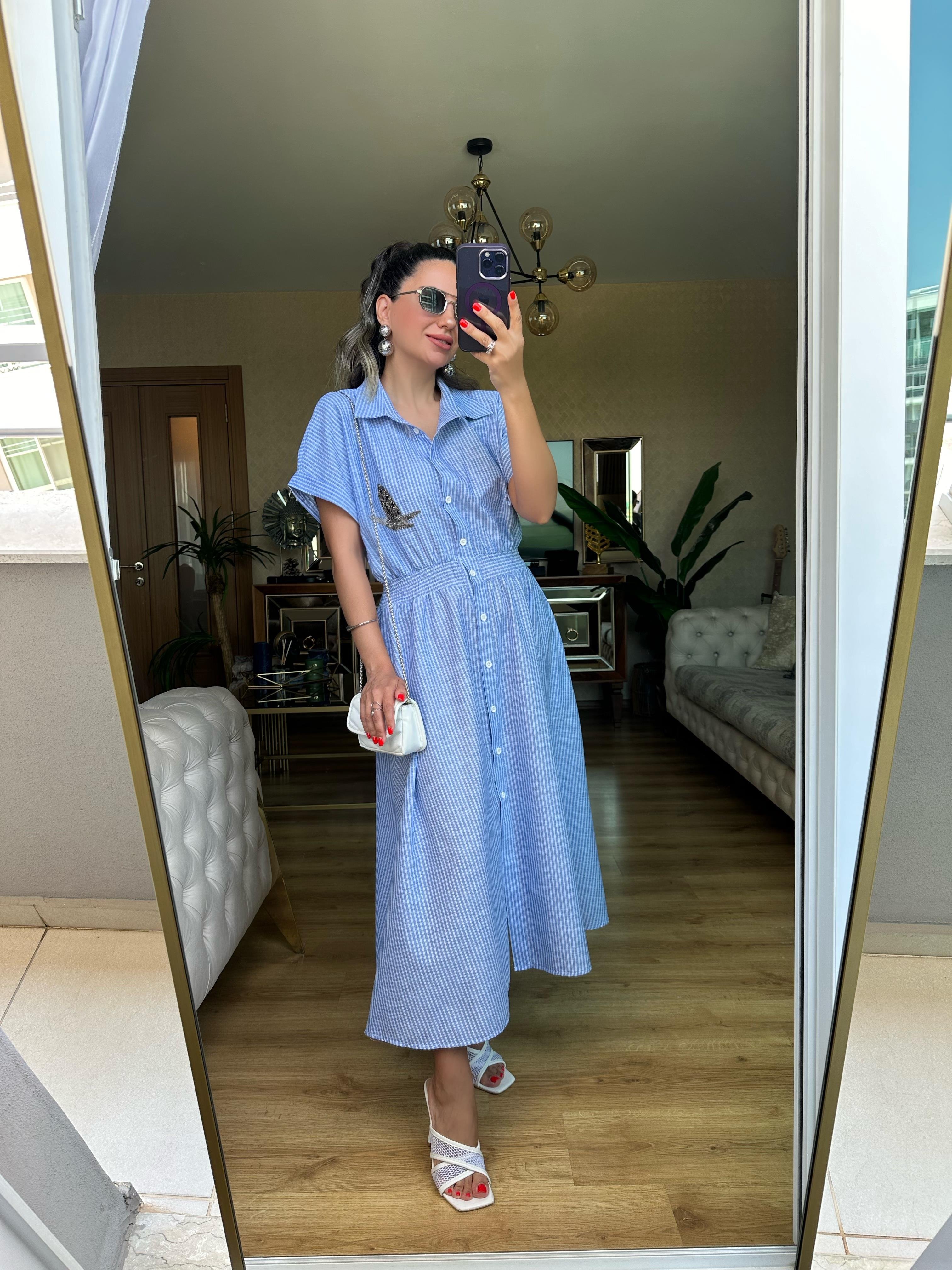 Mavi Çizgili Kuş Taşlı Elbise