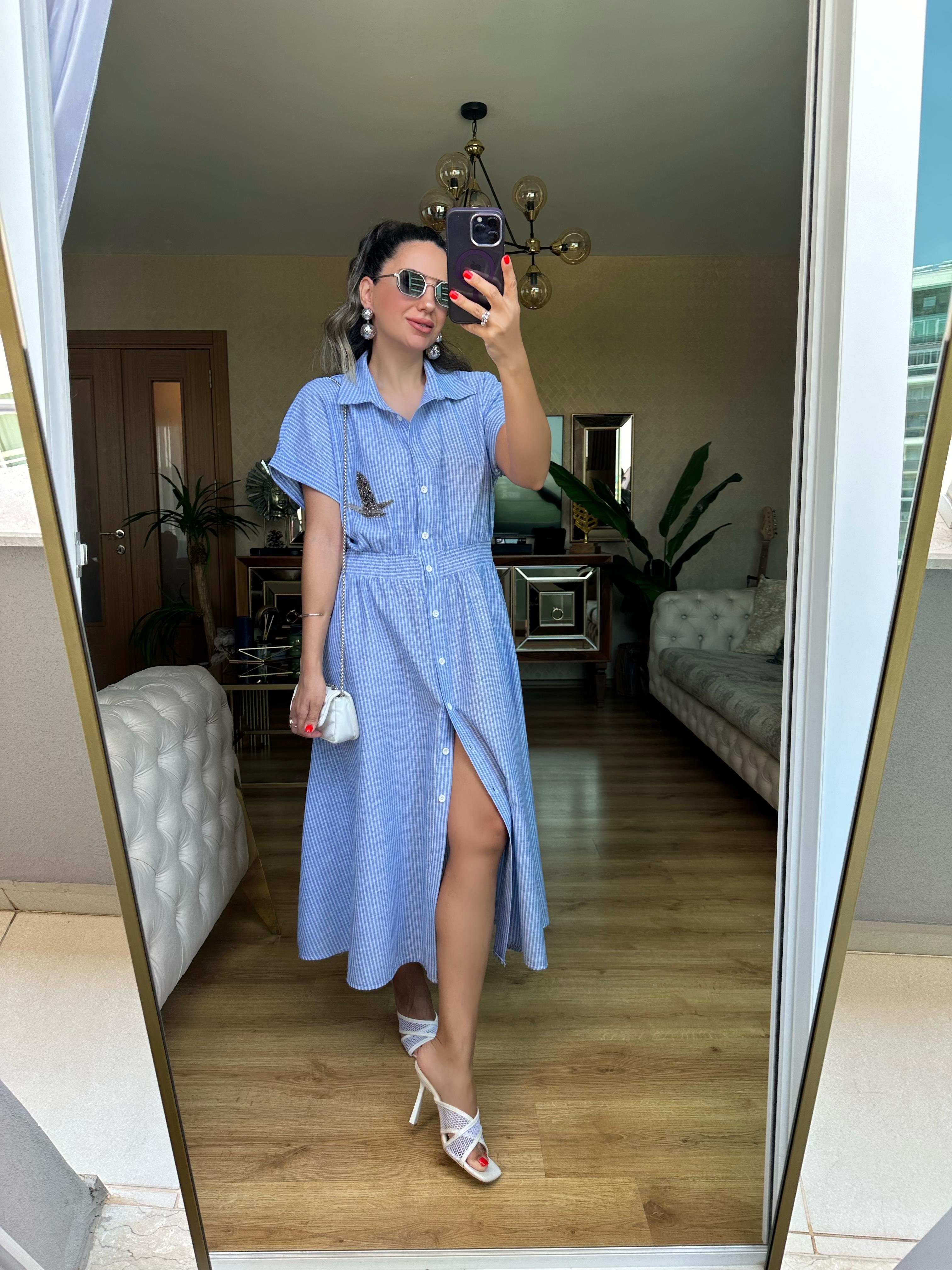 Mavi Çizgili Kuş Taşlı Elbise