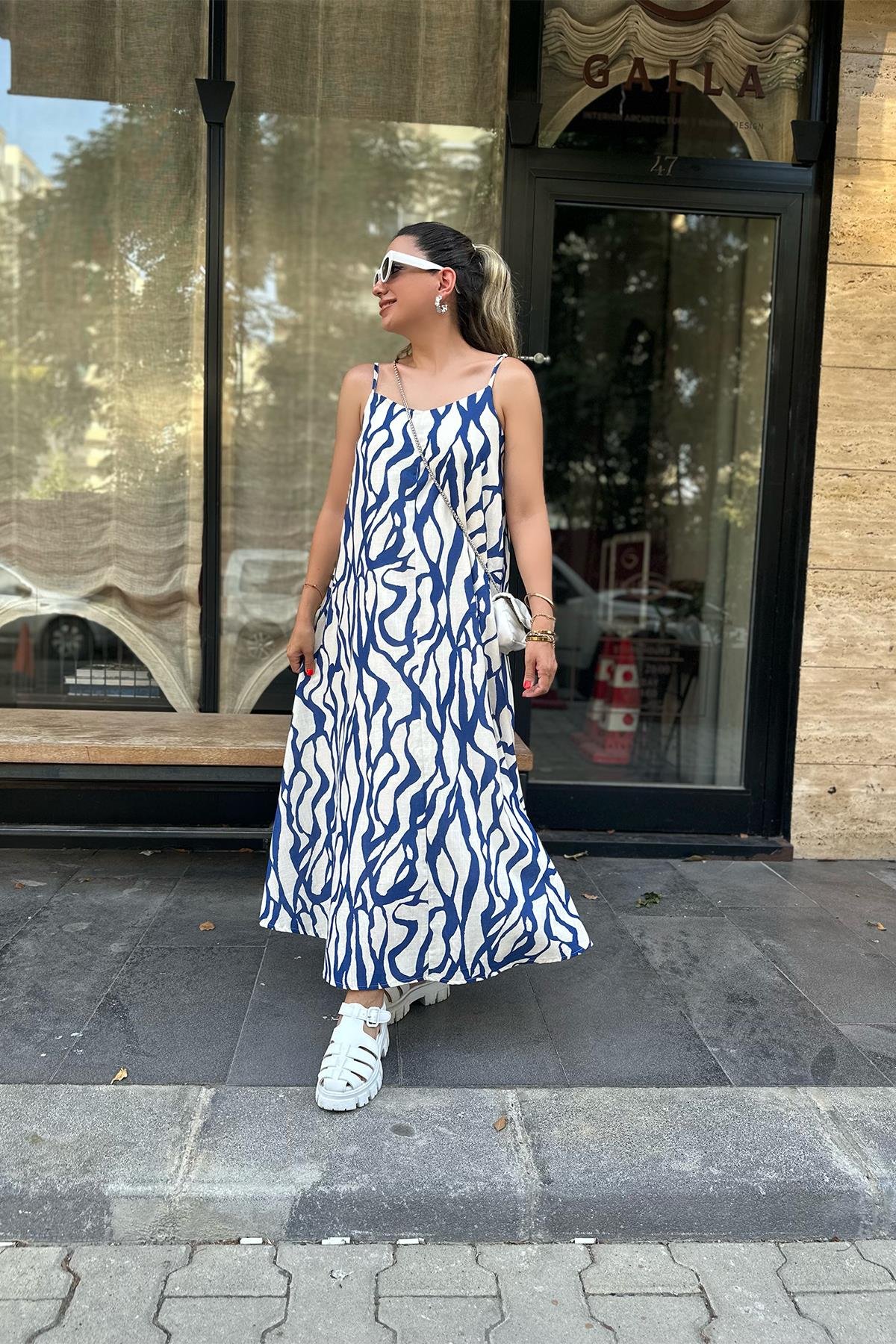 Mavi Desenli Astarlı Keten Elbise