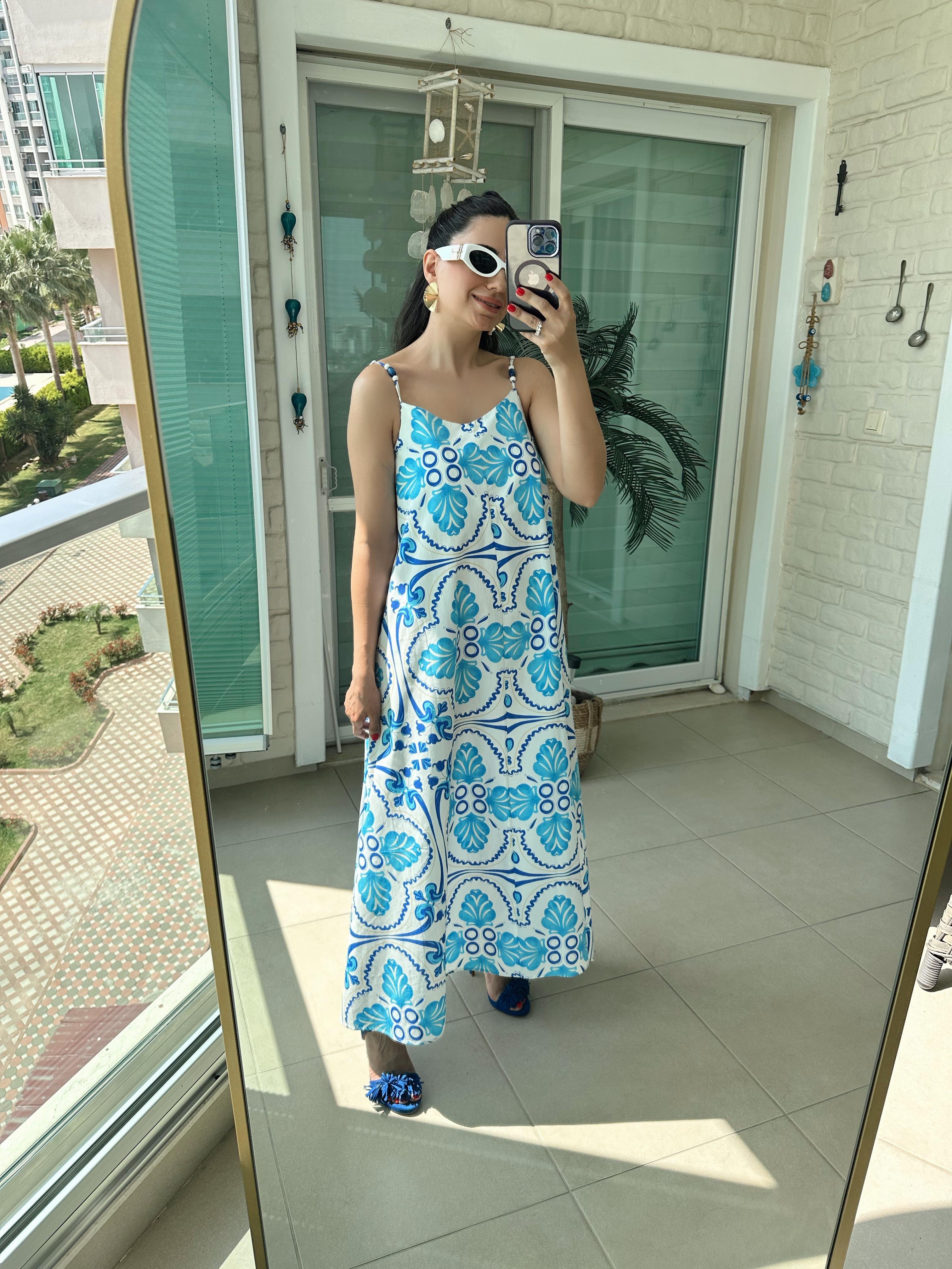 Mavi Desenli Poplin Elbise