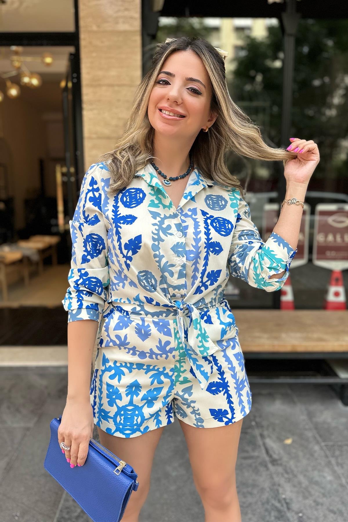 Mavi Desenli Şort Gömlek Takım