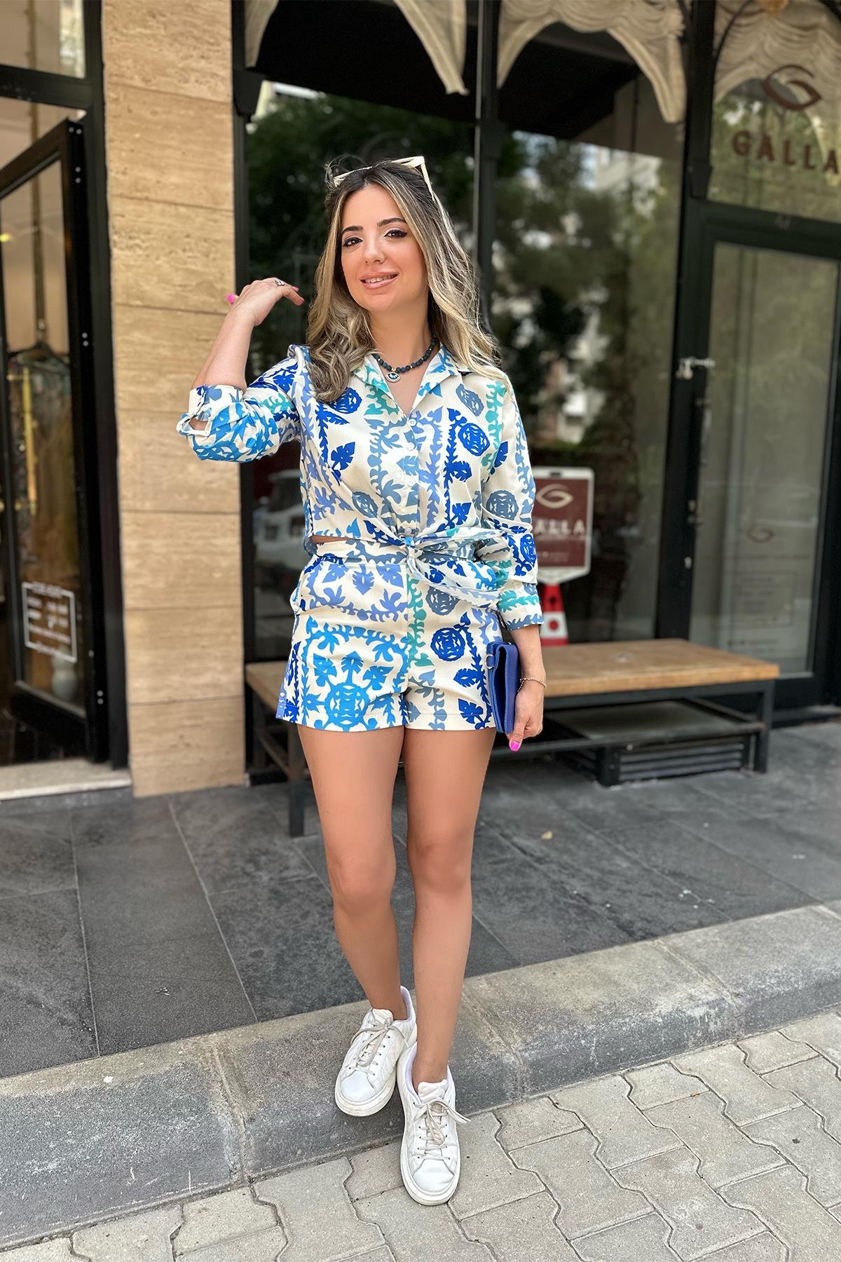 Mavi Desenli Şort Gömlek Takım