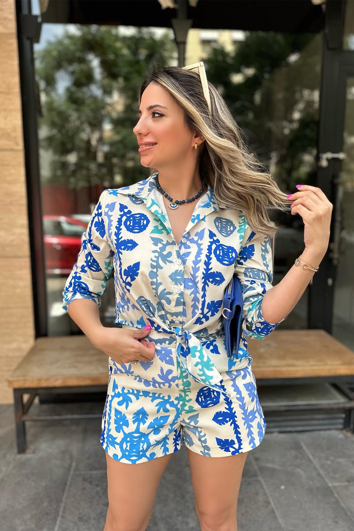 Mavi Desenli Şort Gömlek Takım