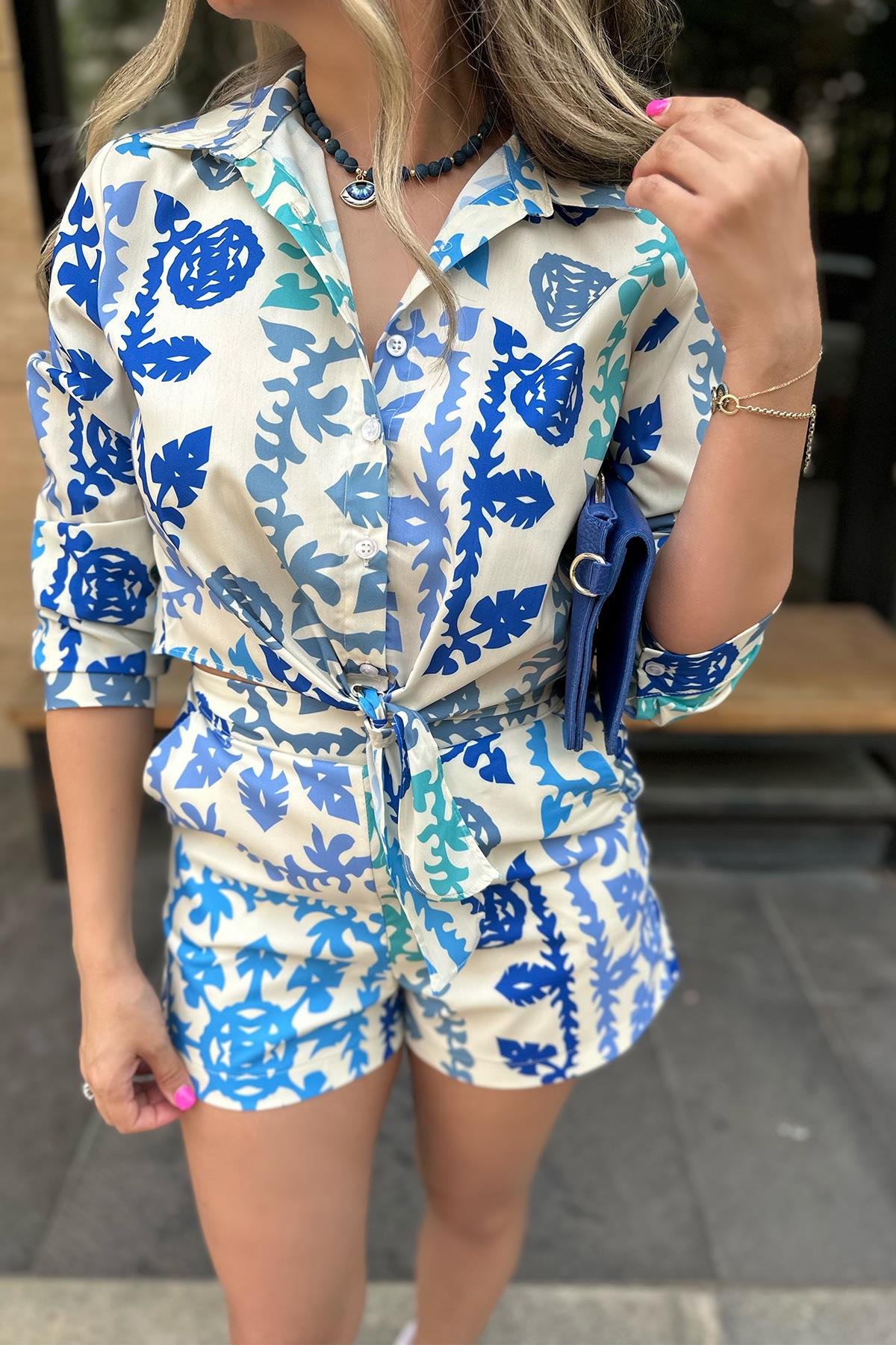 Mavi Desenli Şort Gömlek Takım