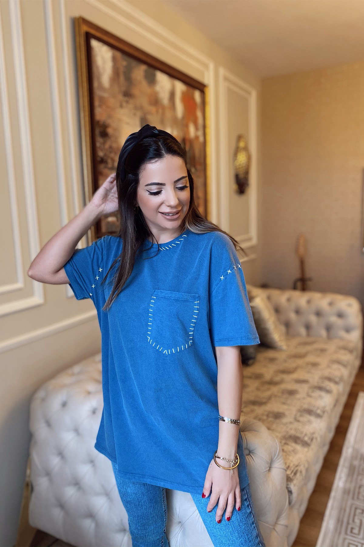 Mavi Dikiş Detaylı Yıkamalı Tshirt