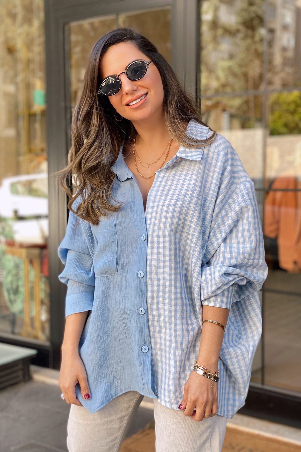 Mavi Ekose Detaylı Oversize Gömlek