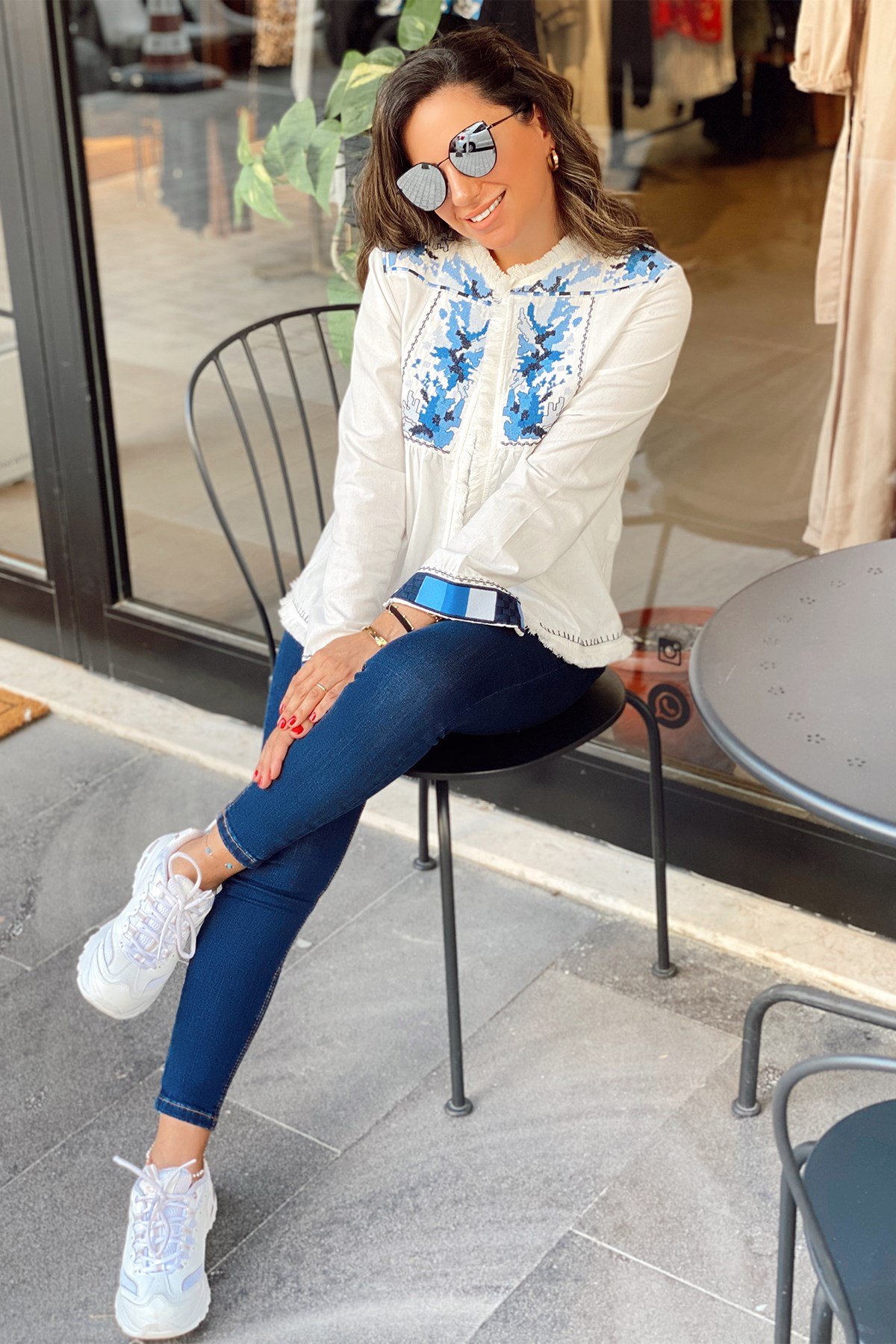 Mavi Etnik Desen Nakış Detaylı Ceket